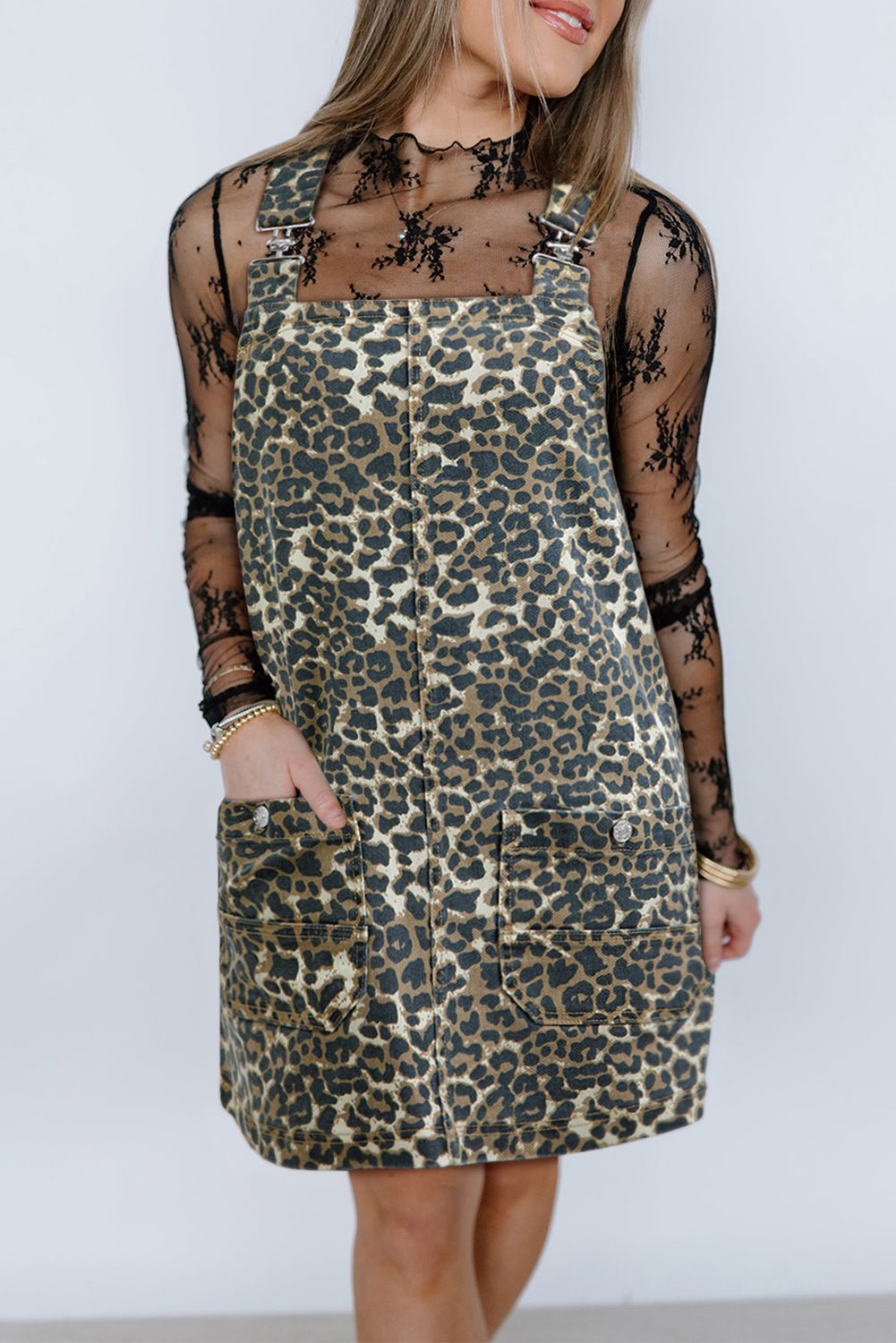 Gray Leopard Print Pocketed Loose Fit Denim Overall Dress - MAD RUFFI