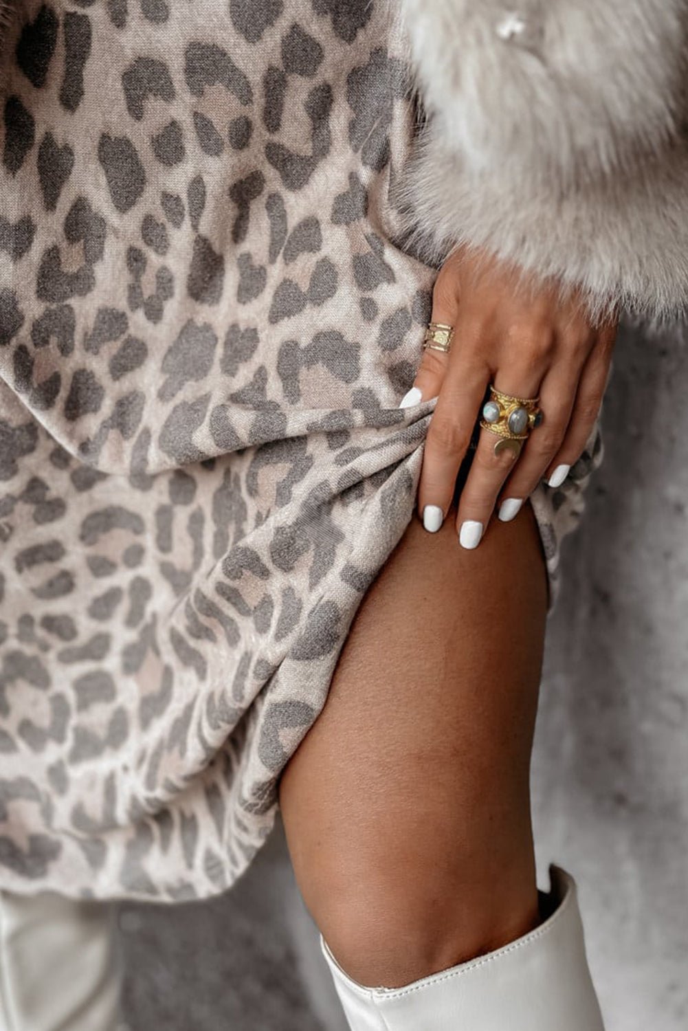 Gray Leopard Print V Neck Loose Fit Long Sleeve Midi Dress - MAD RUFFI