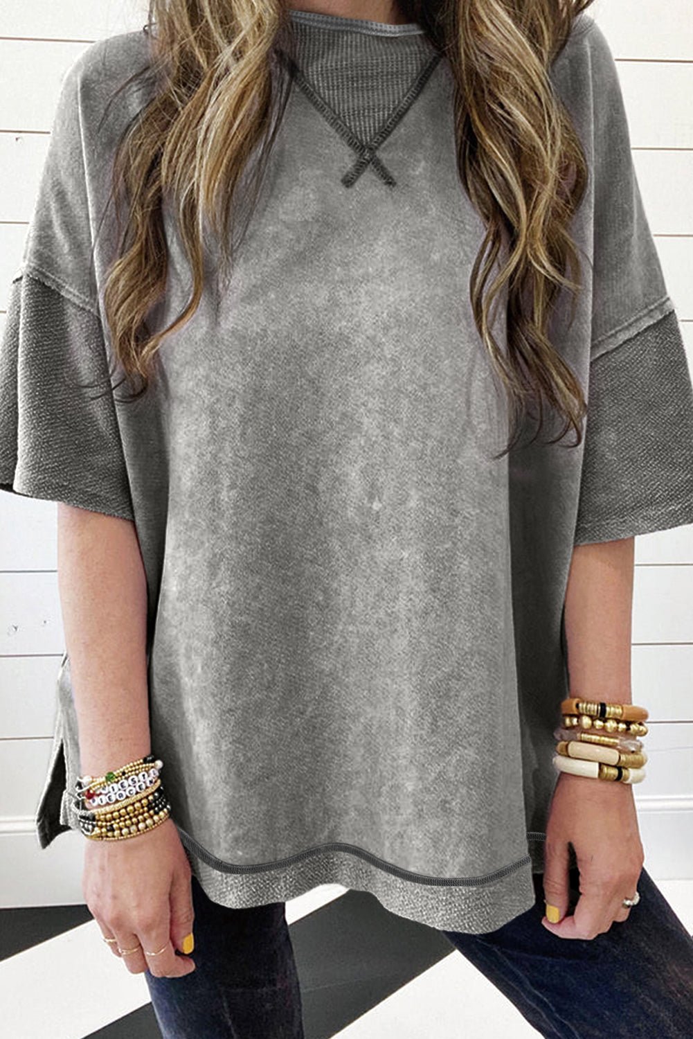 Gray Mineral Wash Exposed Seam Drop Shoulder Oversized Tee - MAD RUFFI