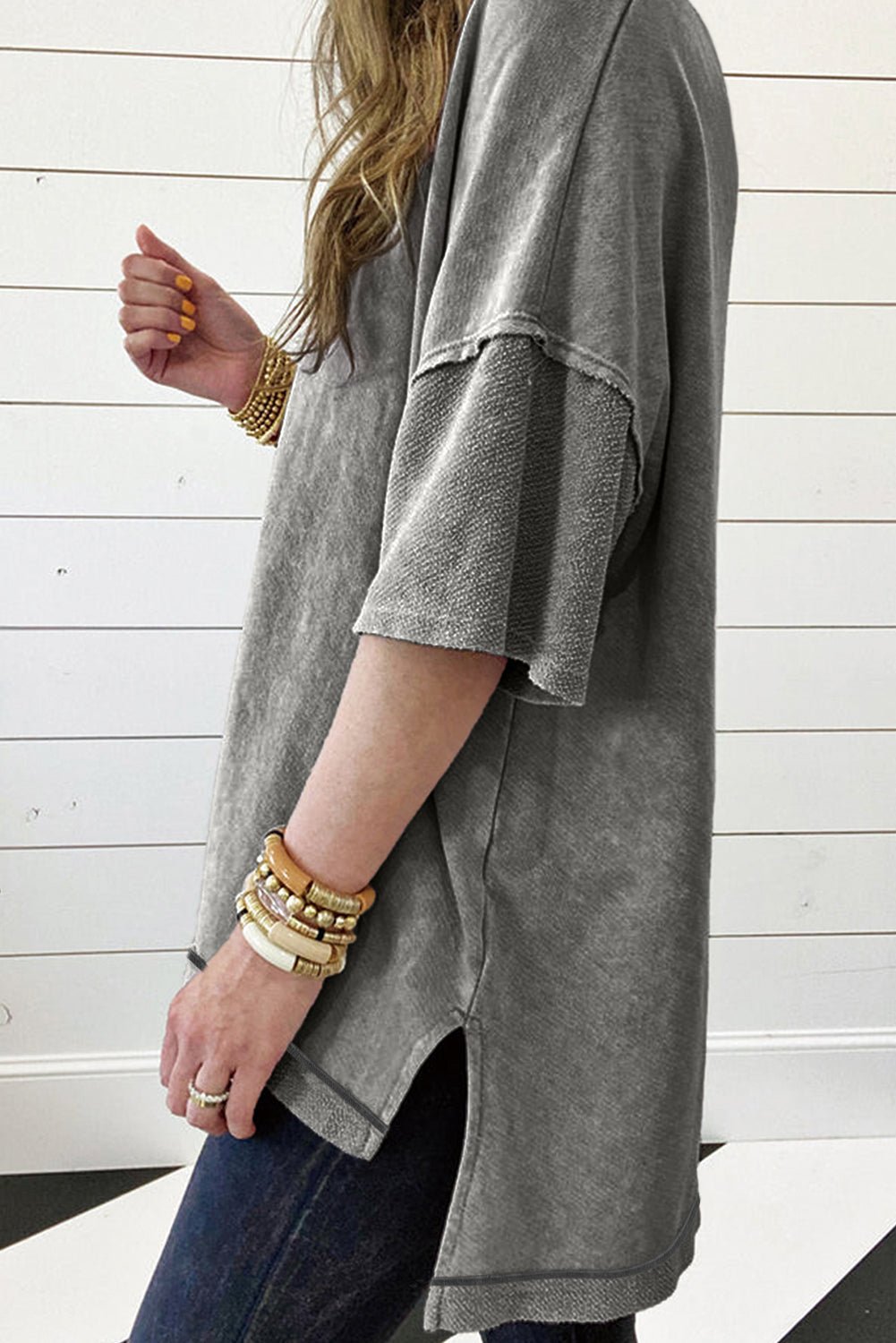 Gray Mineral Wash Exposed Seam Drop Shoulder Oversized Tee - MAD RUFFI