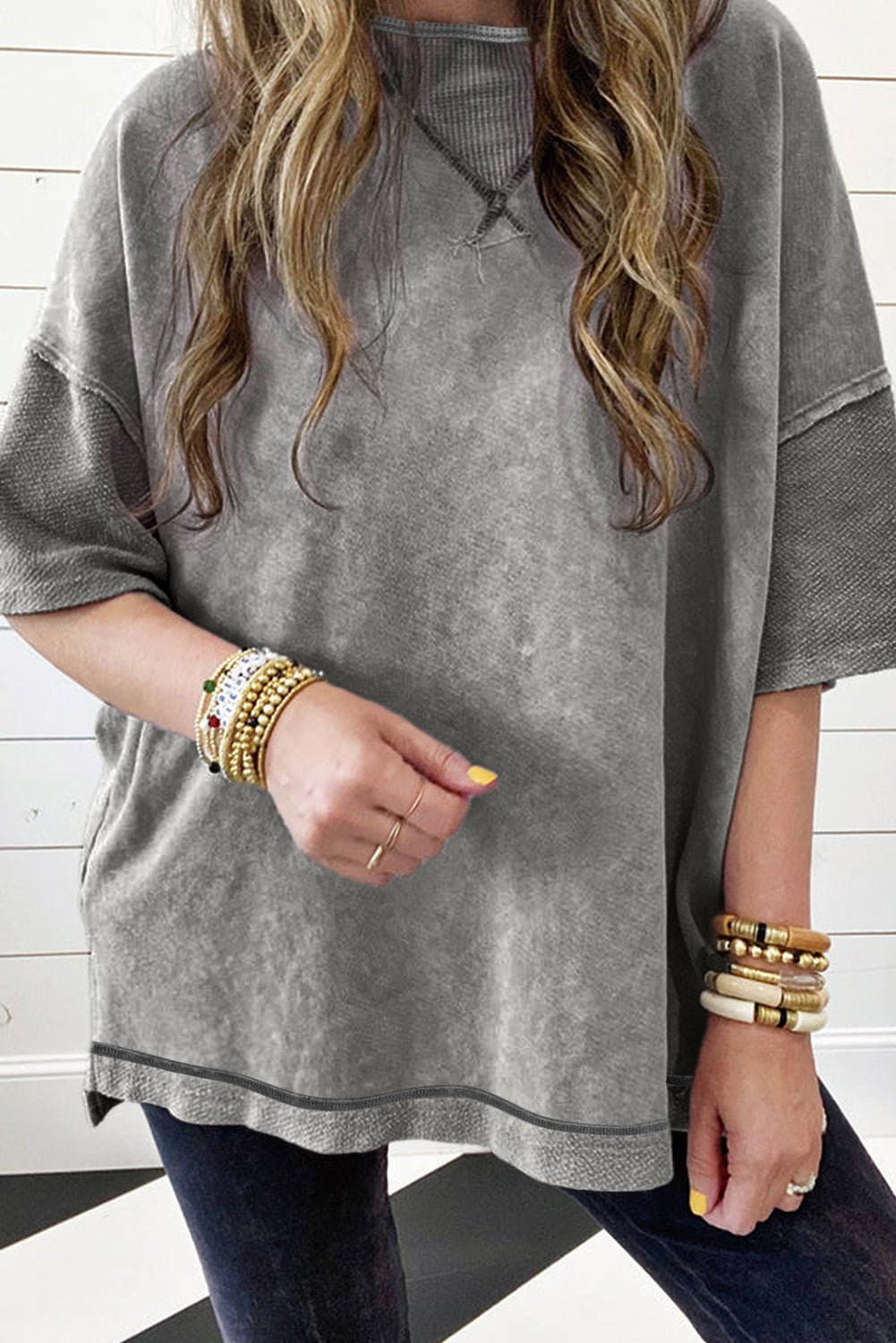 Gray Mineral Wash Exposed Seam Drop Shoulder Oversized Tee - MAD RUFFI