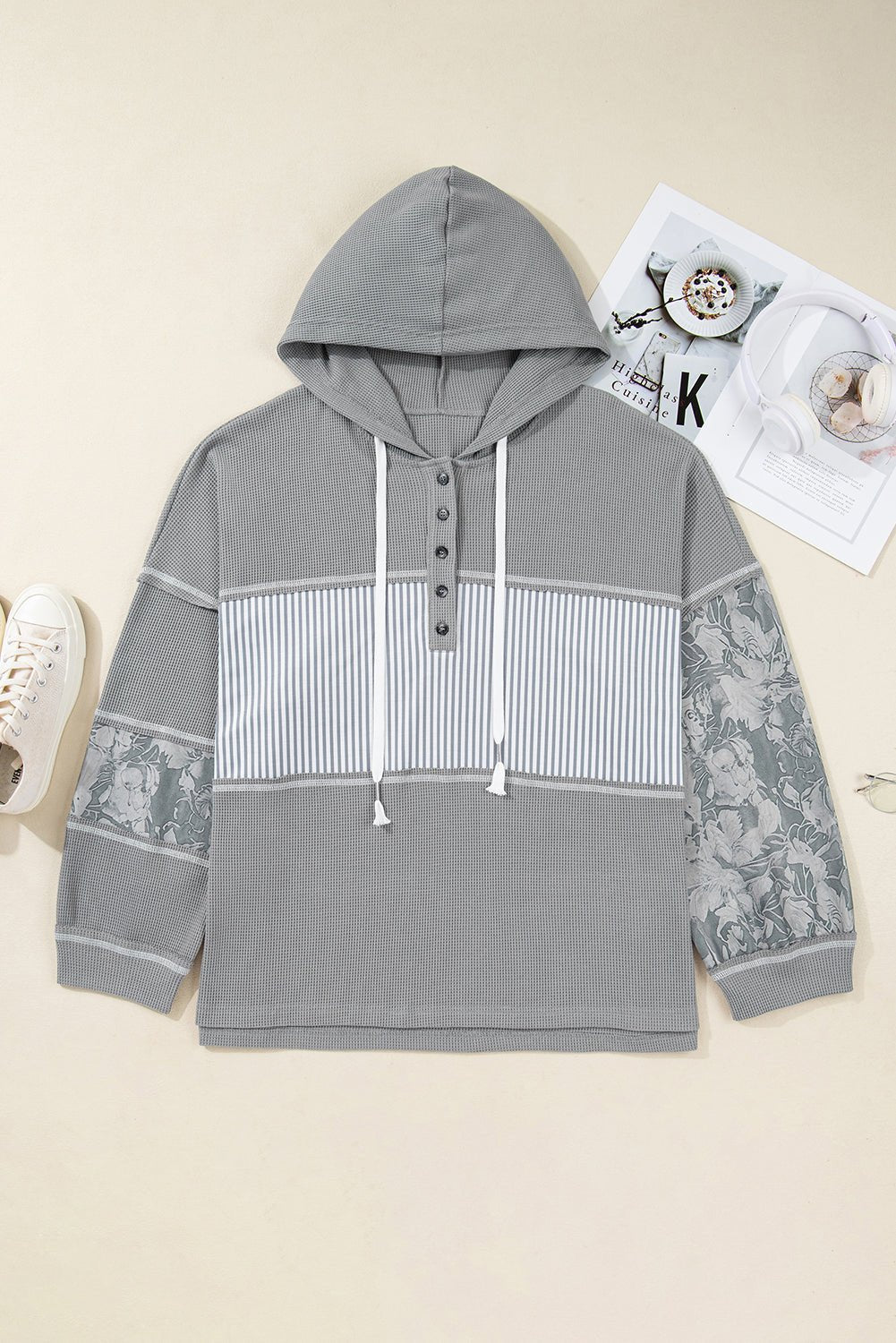 Gray Mixed Waffle Knit Patchwork Henley Plus Size Hoodie - MAD RUFFI