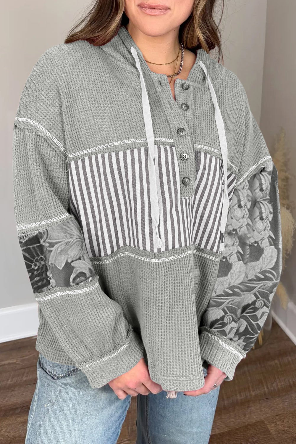 Gray Mixed Waffle Knit Patchwork Henley Plus Size Hoodie - MAD RUFFI
