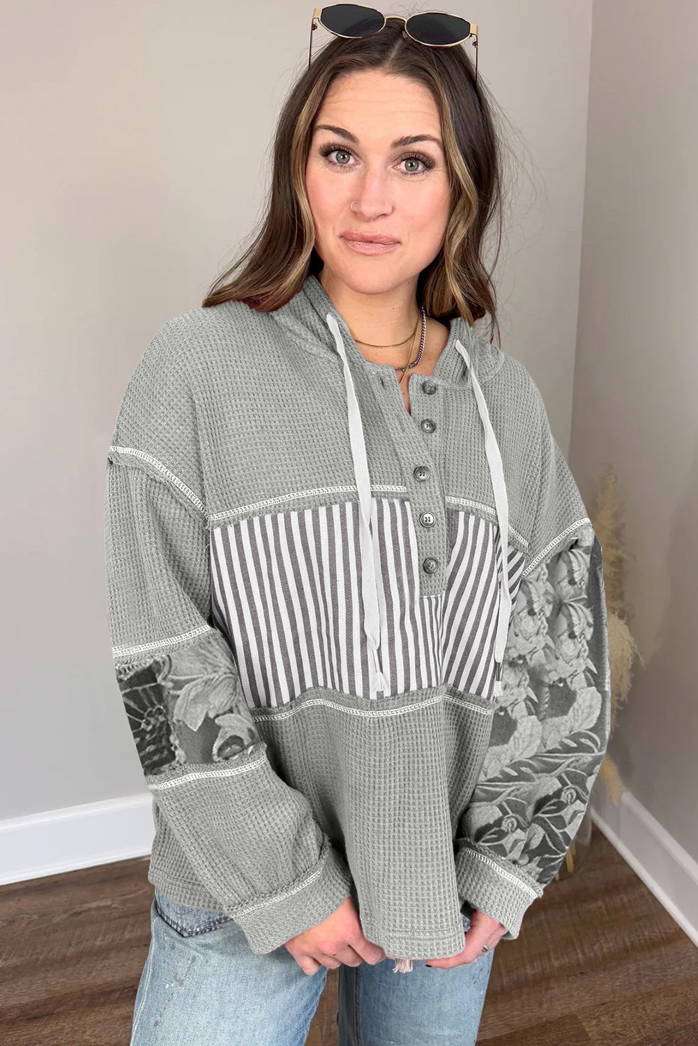 Gray Mixed Waffle Knit Patchwork Henley Plus Size Hoodie - MAD RUFFI