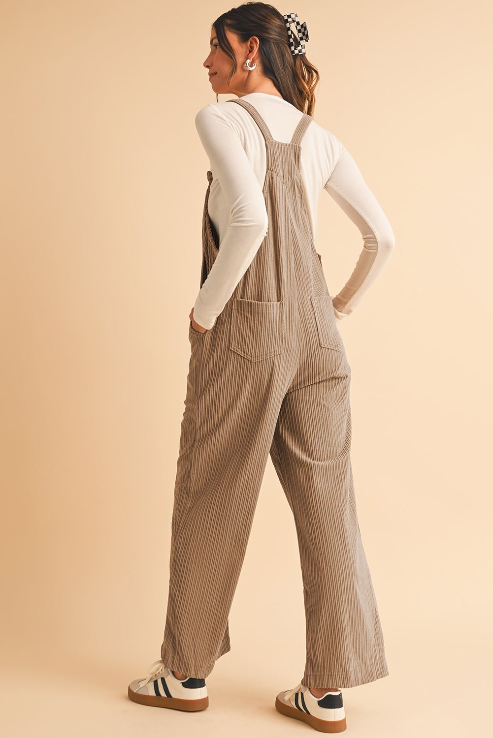 Gray Morn Plain Pocketed Loose Fit Corduroy Overalls - MAD RUFFI