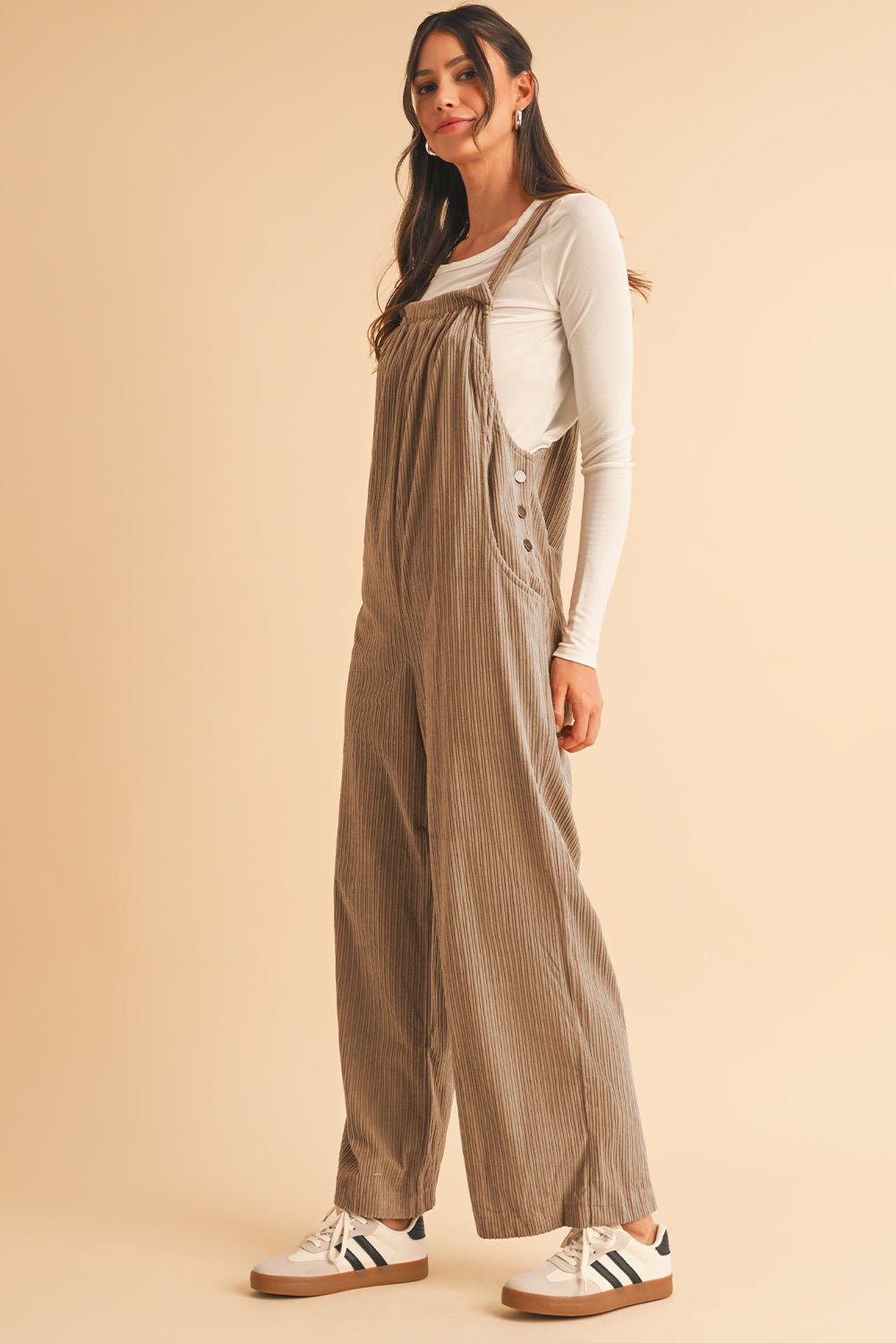 Gray Morn Plain Pocketed Loose Fit Corduroy Overalls - MAD RUFFI
