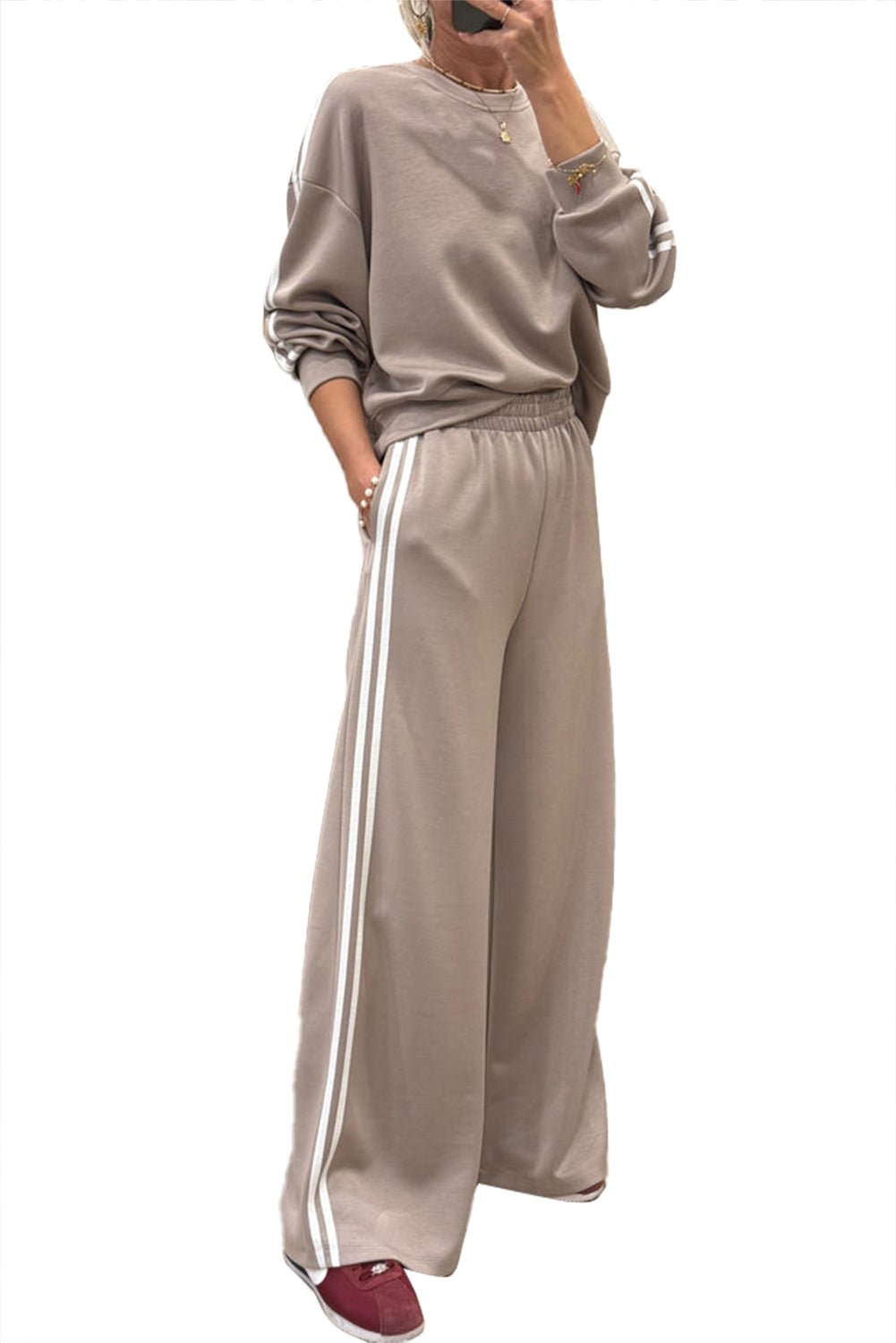 Gray Morn Varsity Striped Detail Cropped Pullover Wide Leg Pants 2pcs Outfit - MAD RUFFI