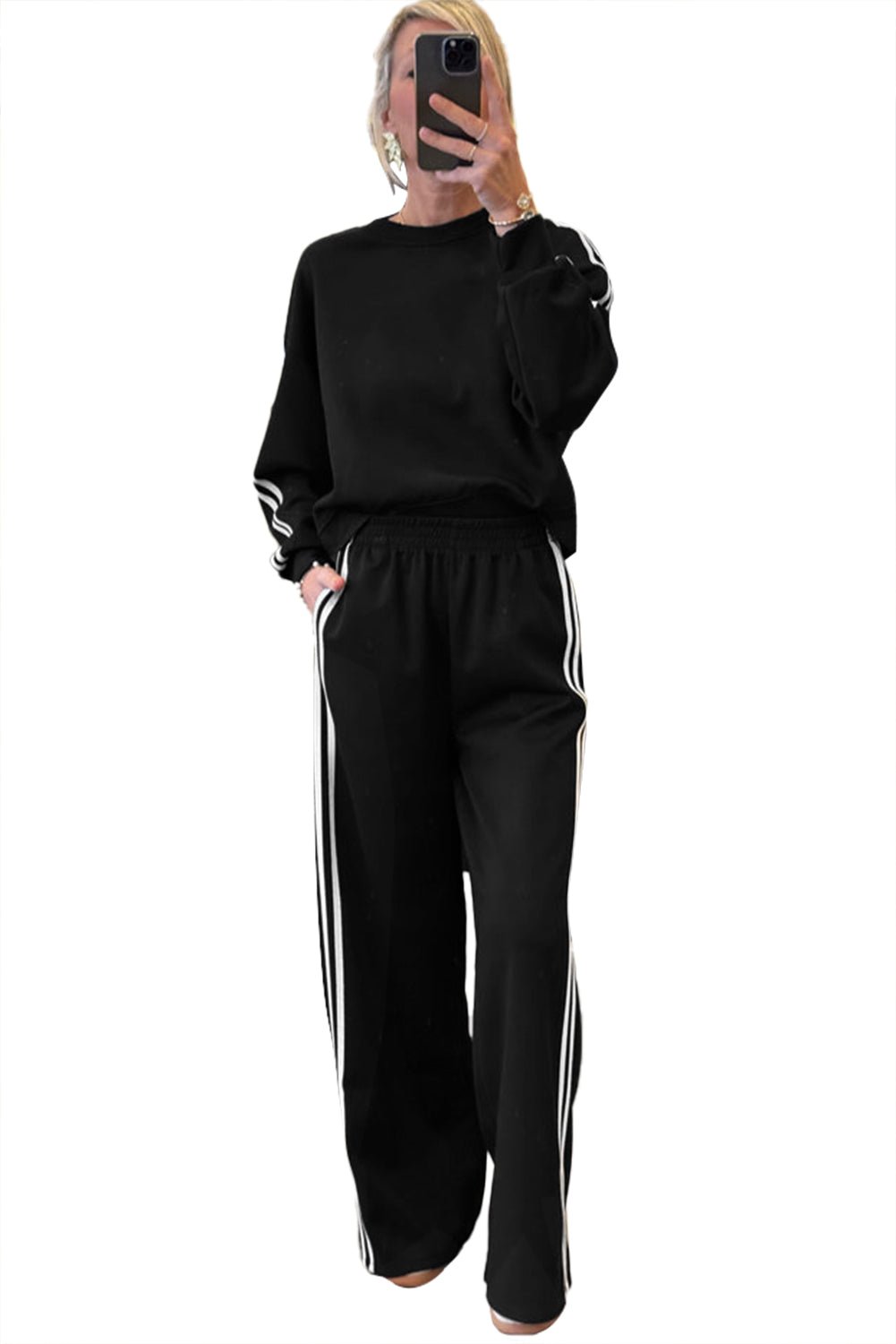 Gray Morn Varsity Striped Detail Cropped Pullover Wide Leg Pants 2pcs Outfit - MAD RUFFI