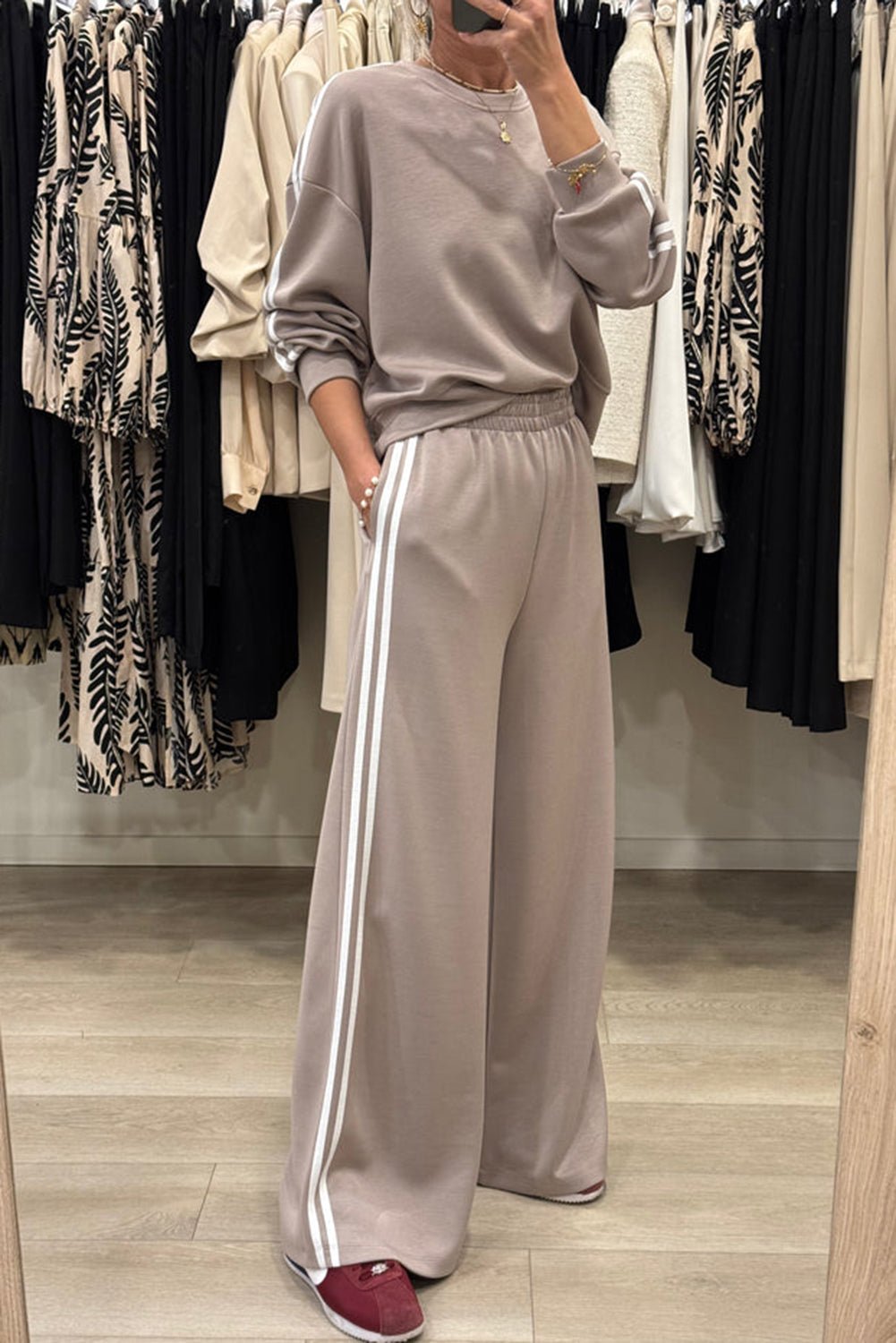 Gray Morn Varsity Striped Detail Cropped Pullover Wide Leg Pants 2pcs Outfit - MAD RUFFI