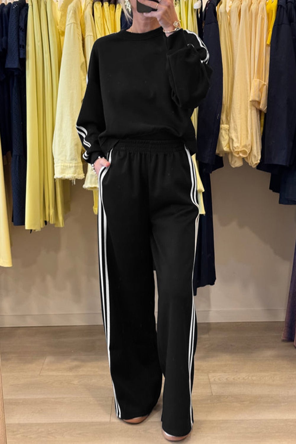 Gray Morn Varsity Striped Detail Cropped Pullover Wide Leg Pants 2pcs Outfit - MAD RUFFI