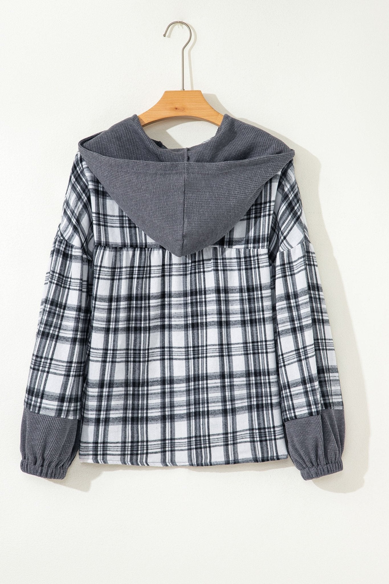 Gray Plaid Patchwork Long Sleeve Button Hooded Blouse - MAD RUFFI