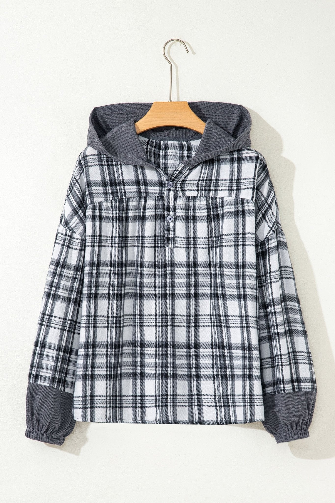 Gray Plaid Patchwork Long Sleeve Button Hooded Blouse - MAD RUFFI
