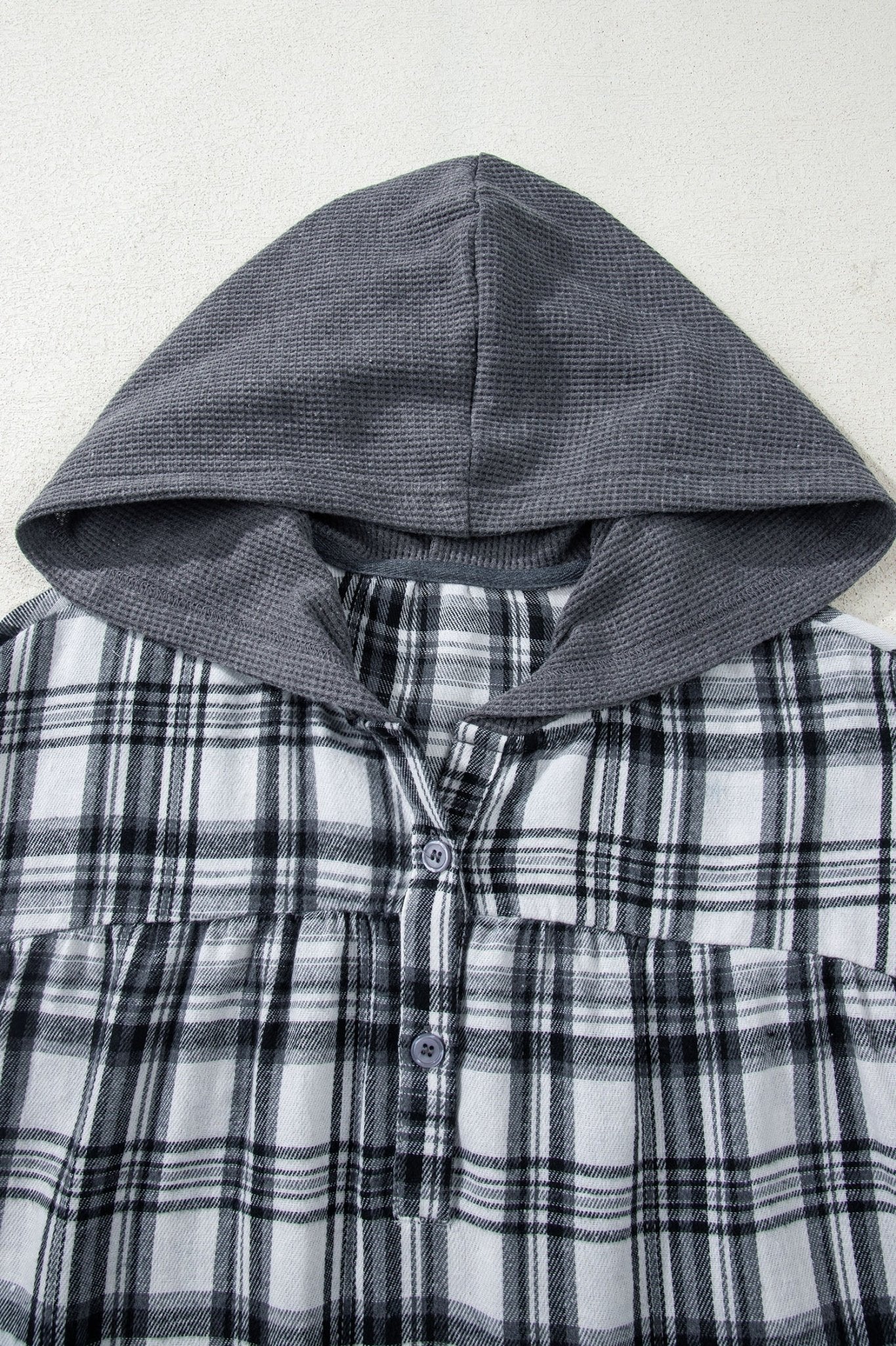 Gray Plaid Patchwork Long Sleeve Button Hooded Blouse - MAD RUFFI