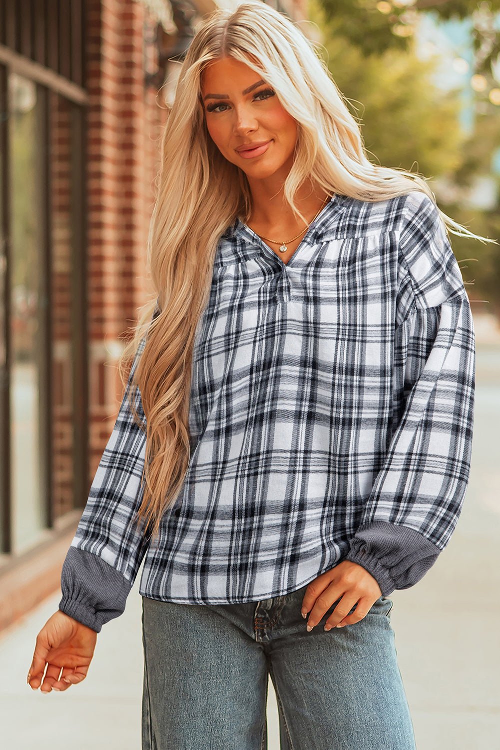 Gray Plaid Patchwork Long Sleeve Button Hooded Blouse - MAD RUFFI