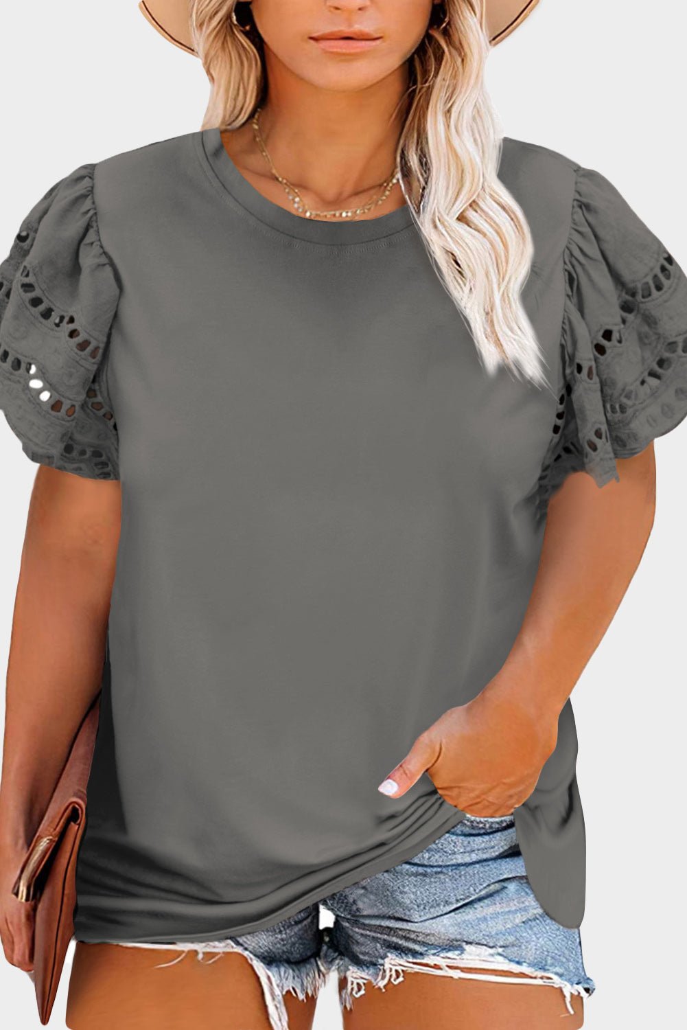 Gray Plus Size Flutter Sleeve Top - MAD RUFFI