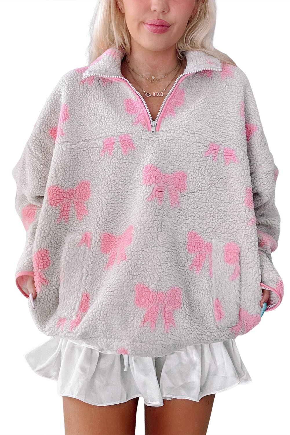 Gray Quarter Zip Bow Pattern Sherpa Baggy Sweatshirt - MAD RUFFI