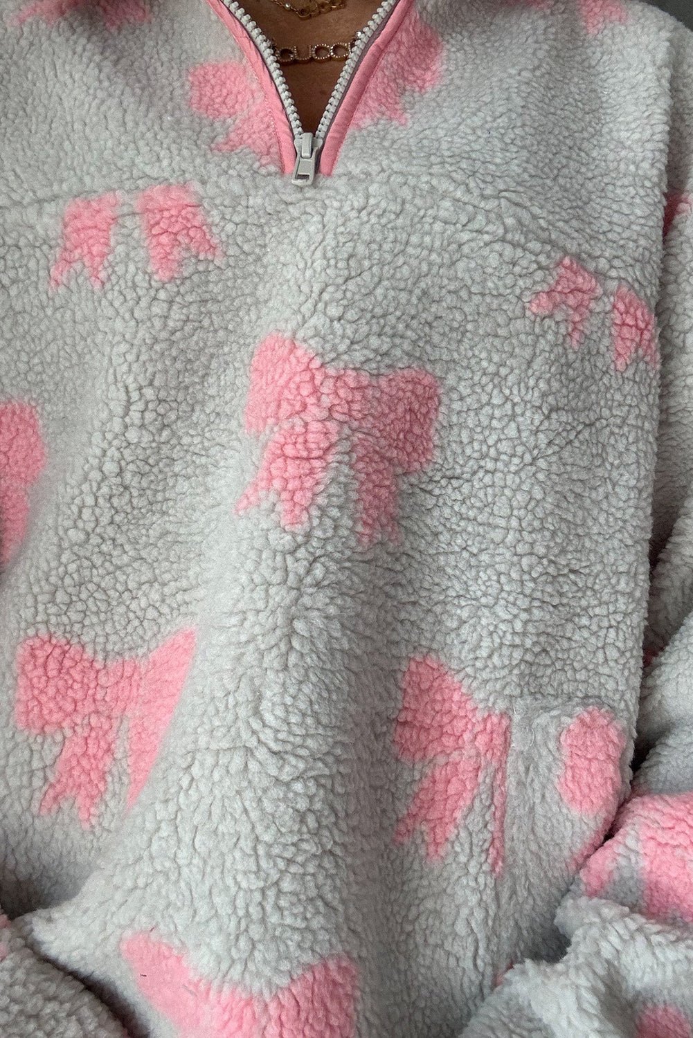 Gray Quarter Zip Bow Pattern Sherpa Baggy Sweatshirt - MAD RUFFI