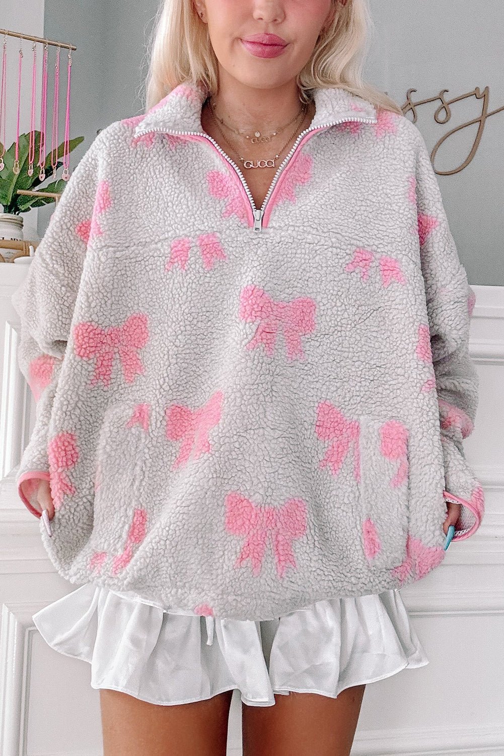 Gray Quarter Zip Bow Pattern Sherpa Baggy Sweatshirt - MAD RUFFI