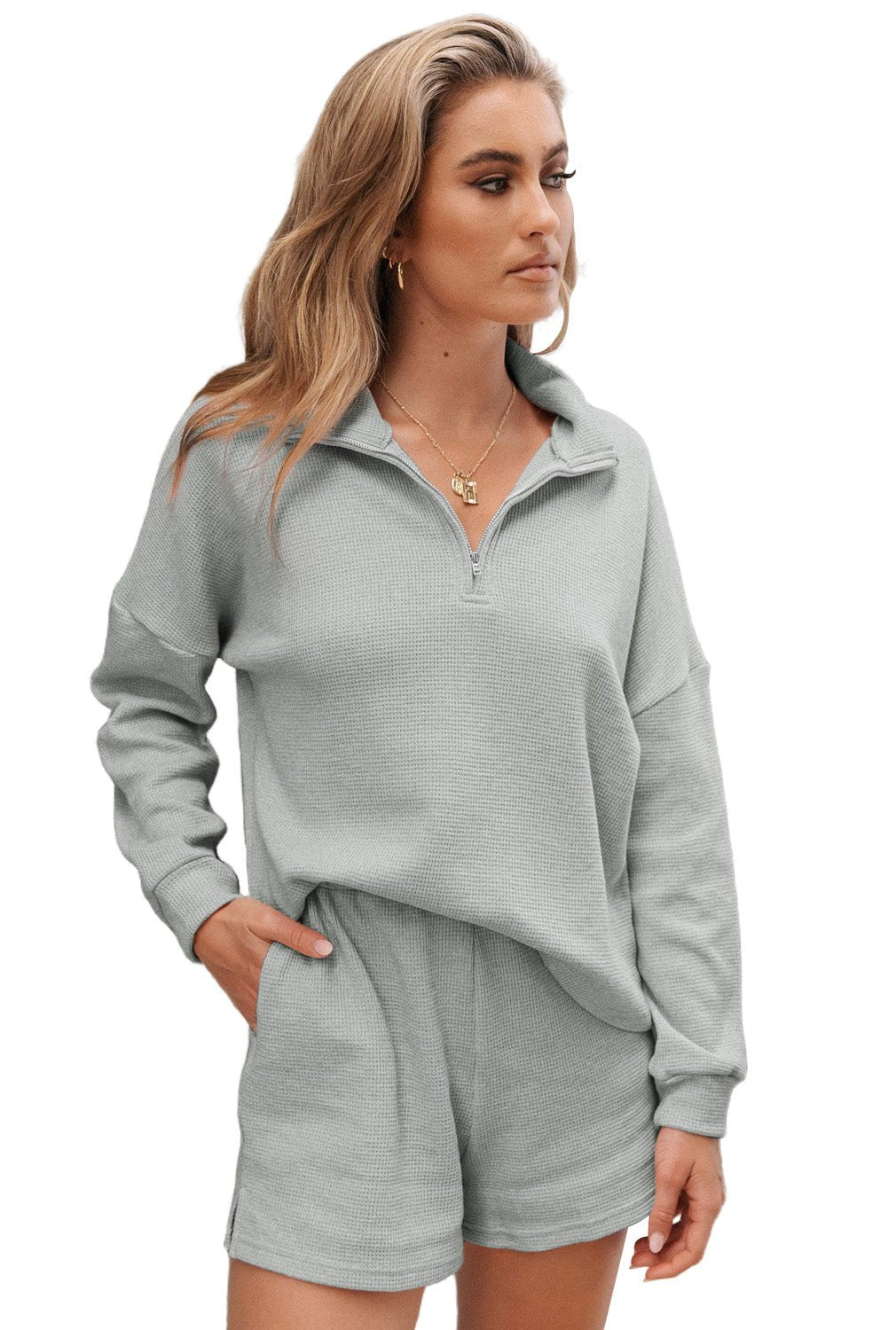 Gray Ribbed Zipper Sweatshirt & High Waist Shorts Set - MAD RUFFI