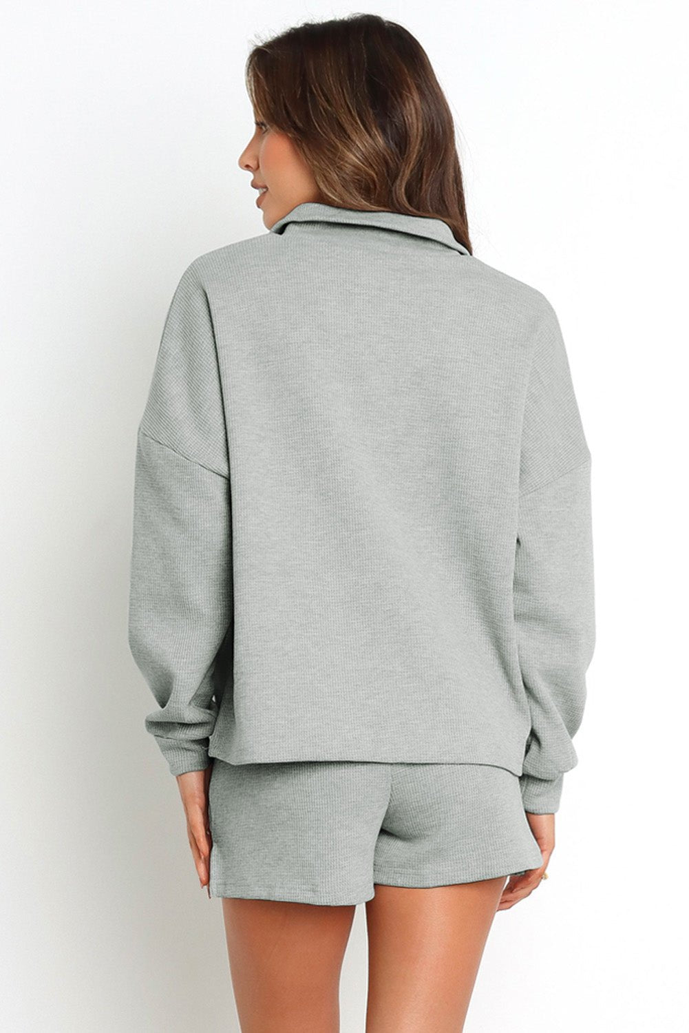 Gray Ribbed Zipper Sweatshirt & High Waist Shorts Set - MAD RUFFI