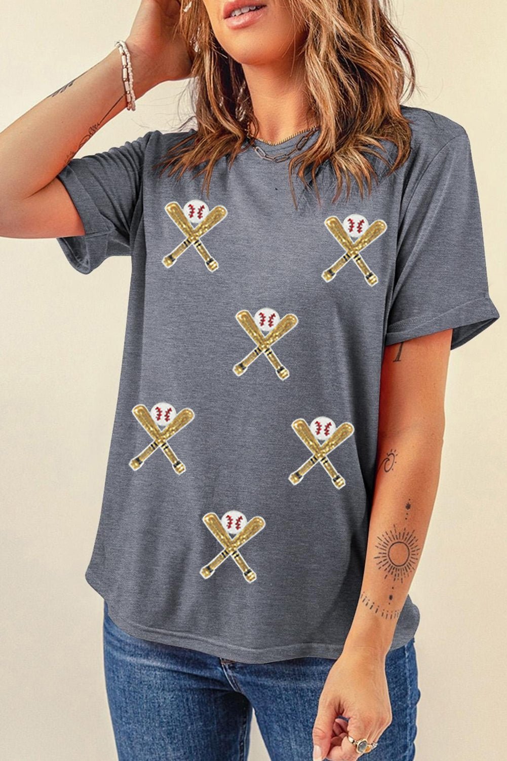 Gray Sequin Baseball Bat Graphic Game Day Casual Tee - MAD RUFFI