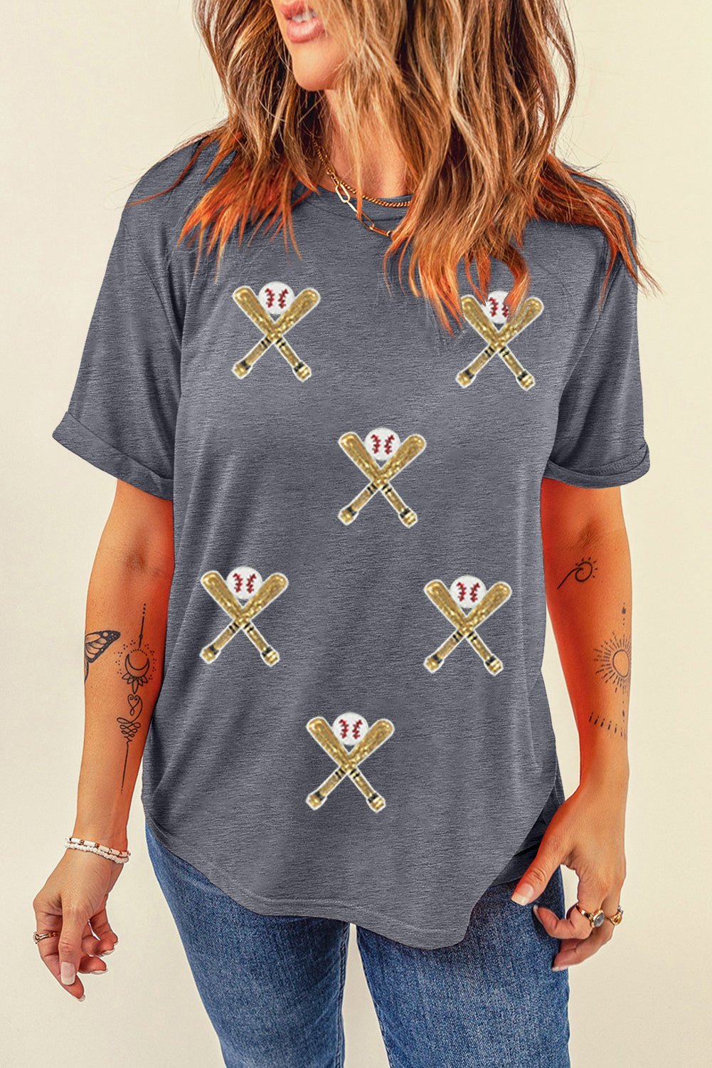 Gray Sequin Baseball Bat Graphic Game Day Casual Tee - MAD RUFFI