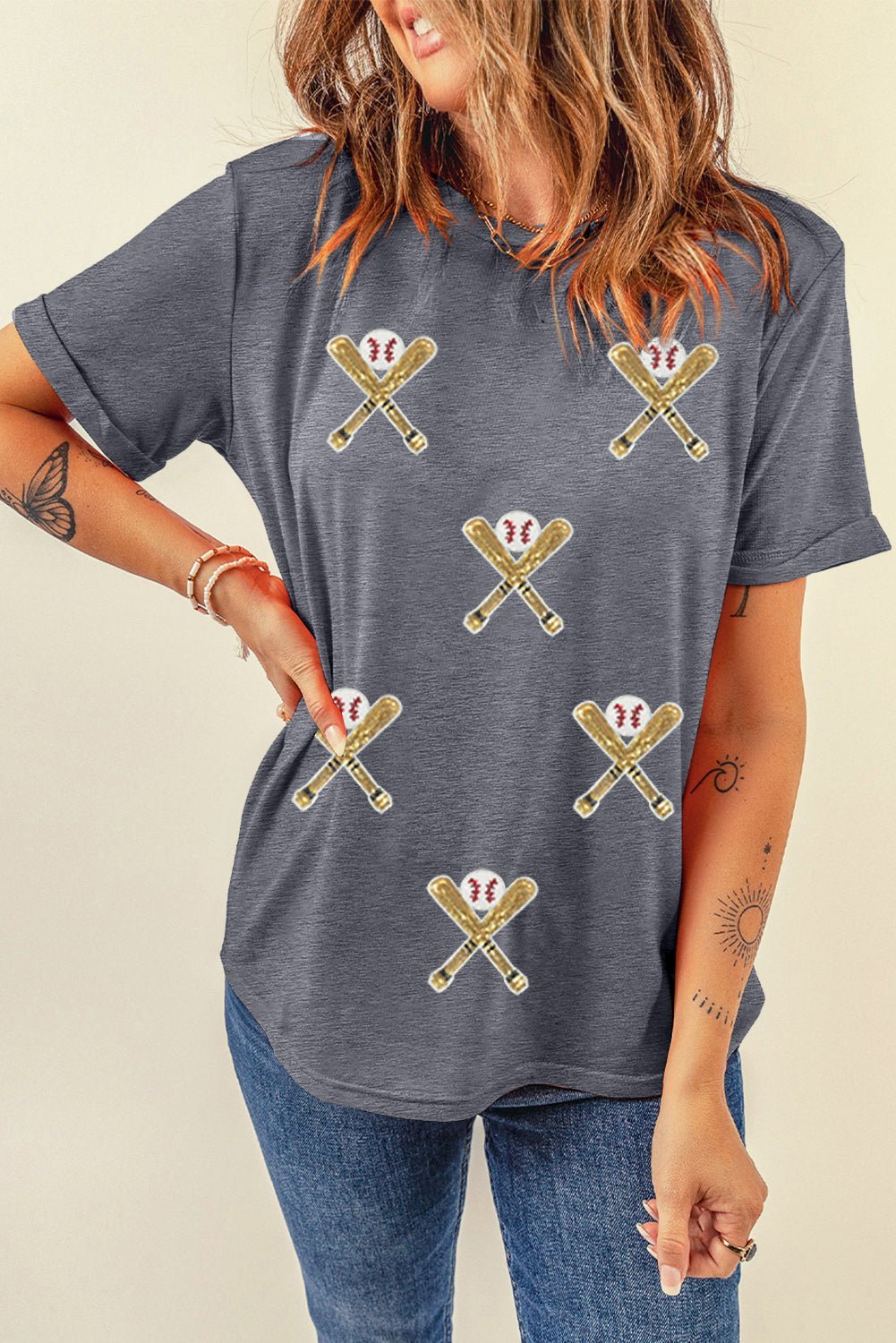 Gray Sequin Baseball Bat Graphic Game Day Casual Tee - MAD RUFFI
