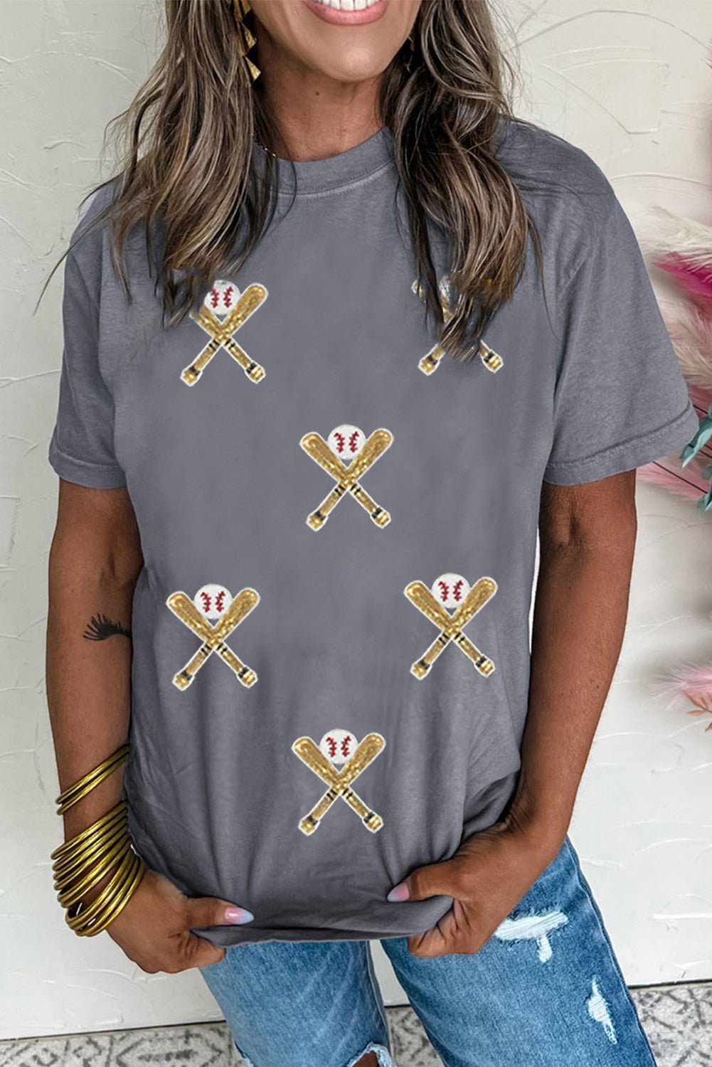 Gray Sequin Baseball Bat Graphic Game Day Casual Tee - MAD RUFFI