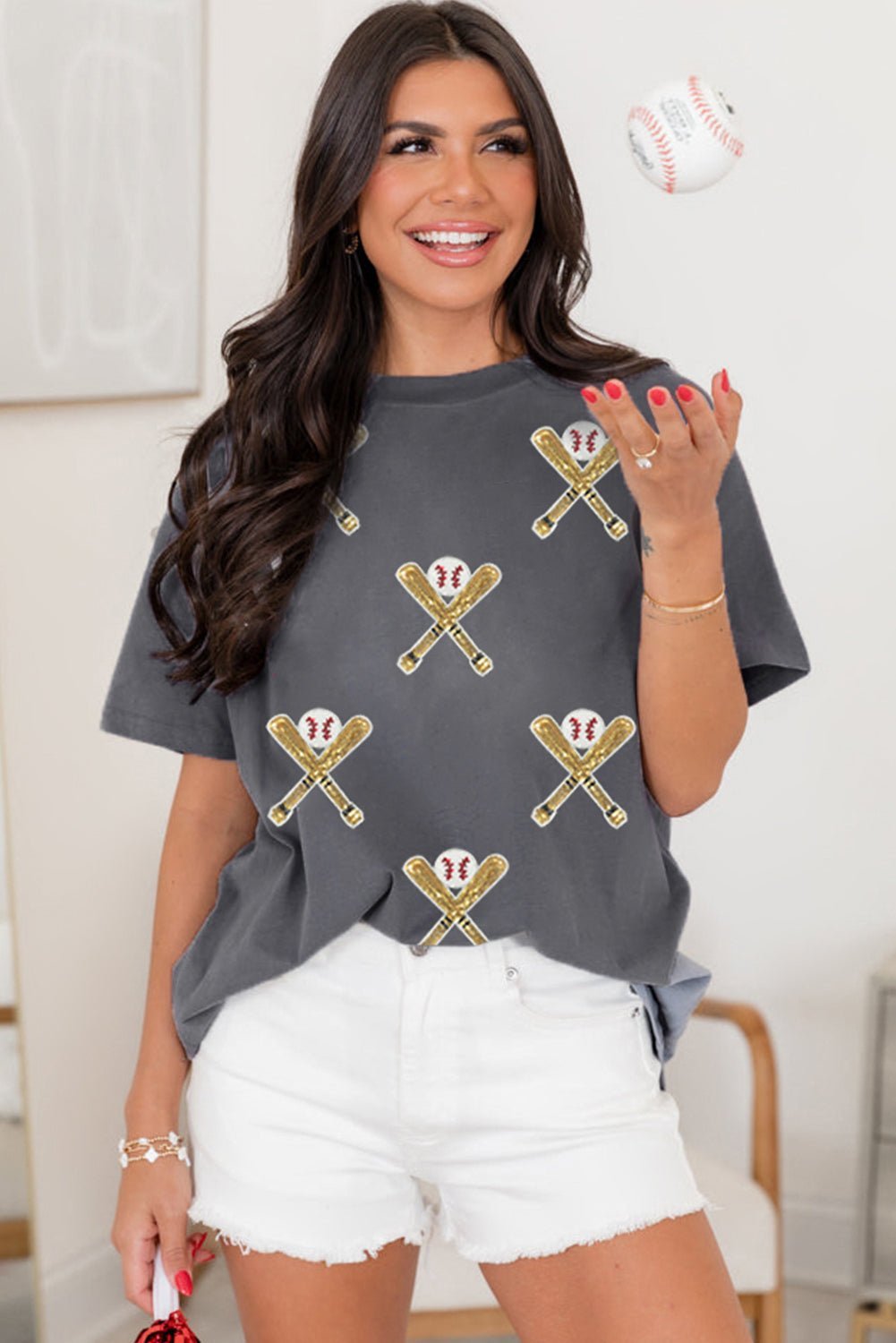Gray Sequin Baseball Bat Graphic Game Day Casual Tee - MAD RUFFI