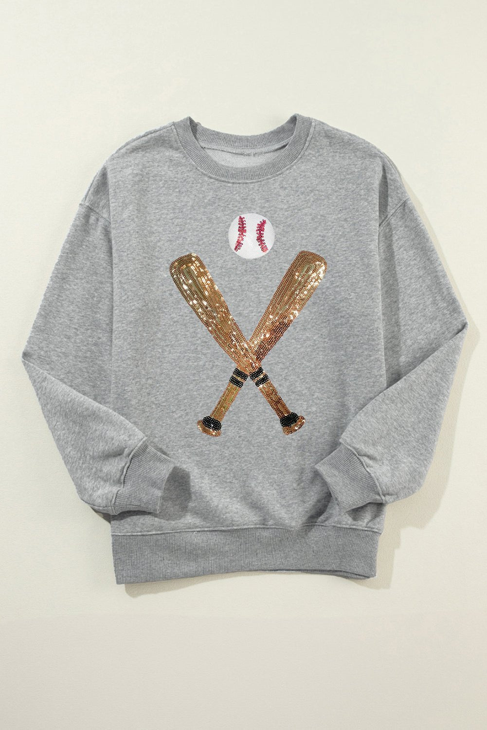 Gray Sequin Baseball Graphic Crewneck Game Day Sweatshirt - MAD RUFFI