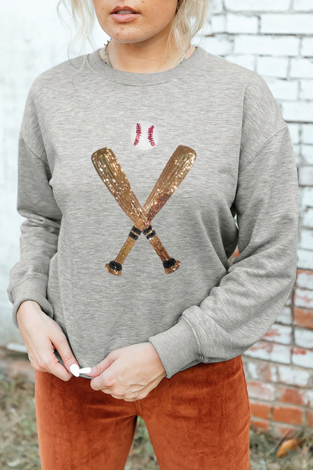 Gray Sequin Baseball Graphic Crewneck Game Day Sweatshirt - MAD RUFFI