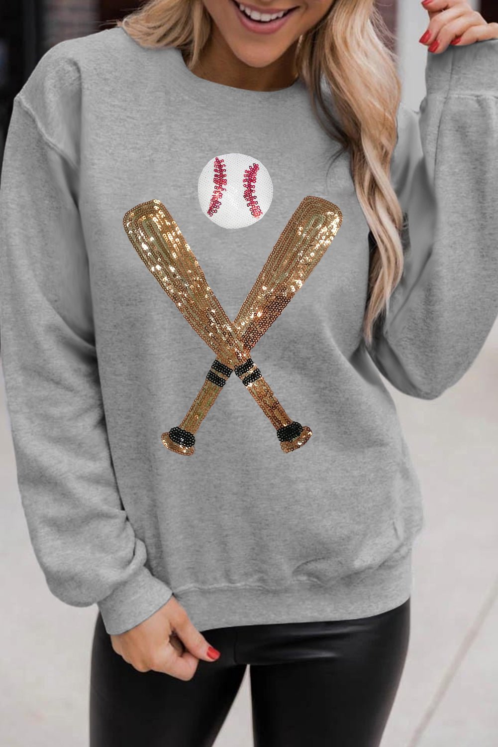 Gray Sequin Baseball Graphic Crewneck Game Day Sweatshirt - MAD RUFFI