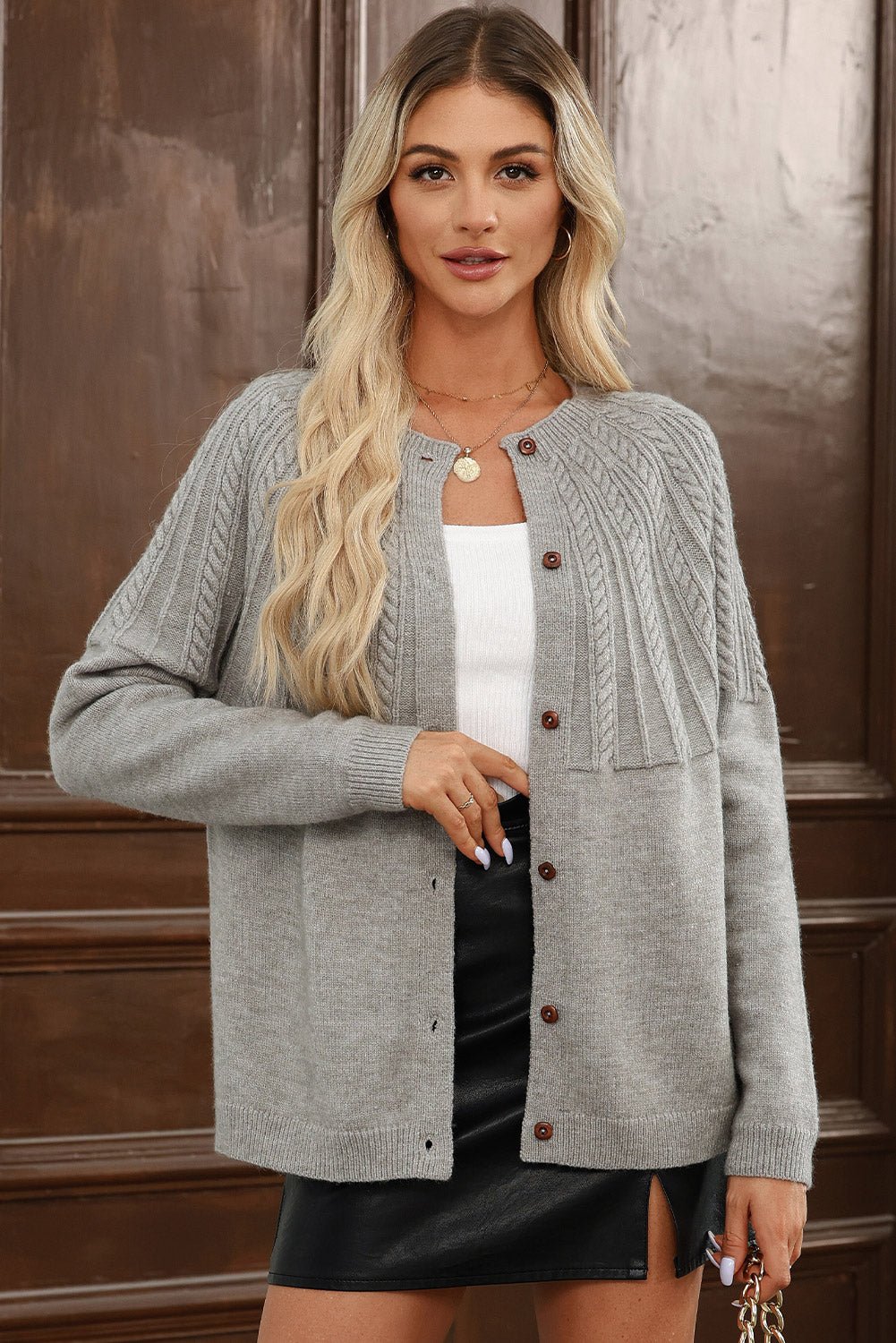 Gray Solid Color Textured Detail Button Down Long Sleeve Sweater Cardigan - MAD RUFFI