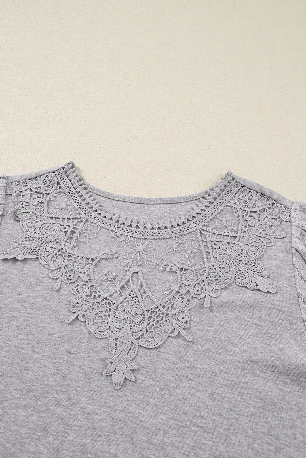 Gray Solid Lace Applique Round Neck Long Sleeve Top - MAD RUFFI