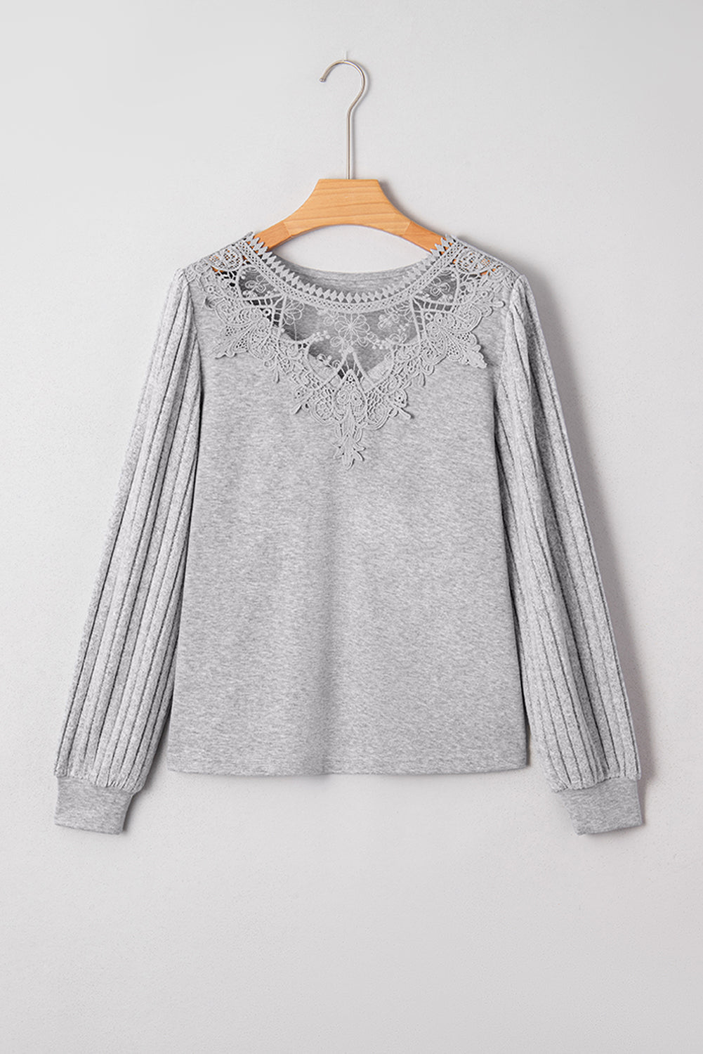 Gray Solid Lace Applique Round Neck Long Sleeve Top - MAD RUFFI