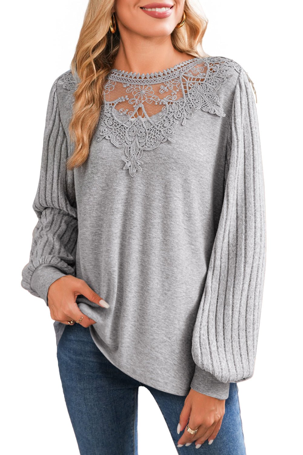 Gray Solid Lace Applique Round Neck Long Sleeve Top - MAD RUFFI