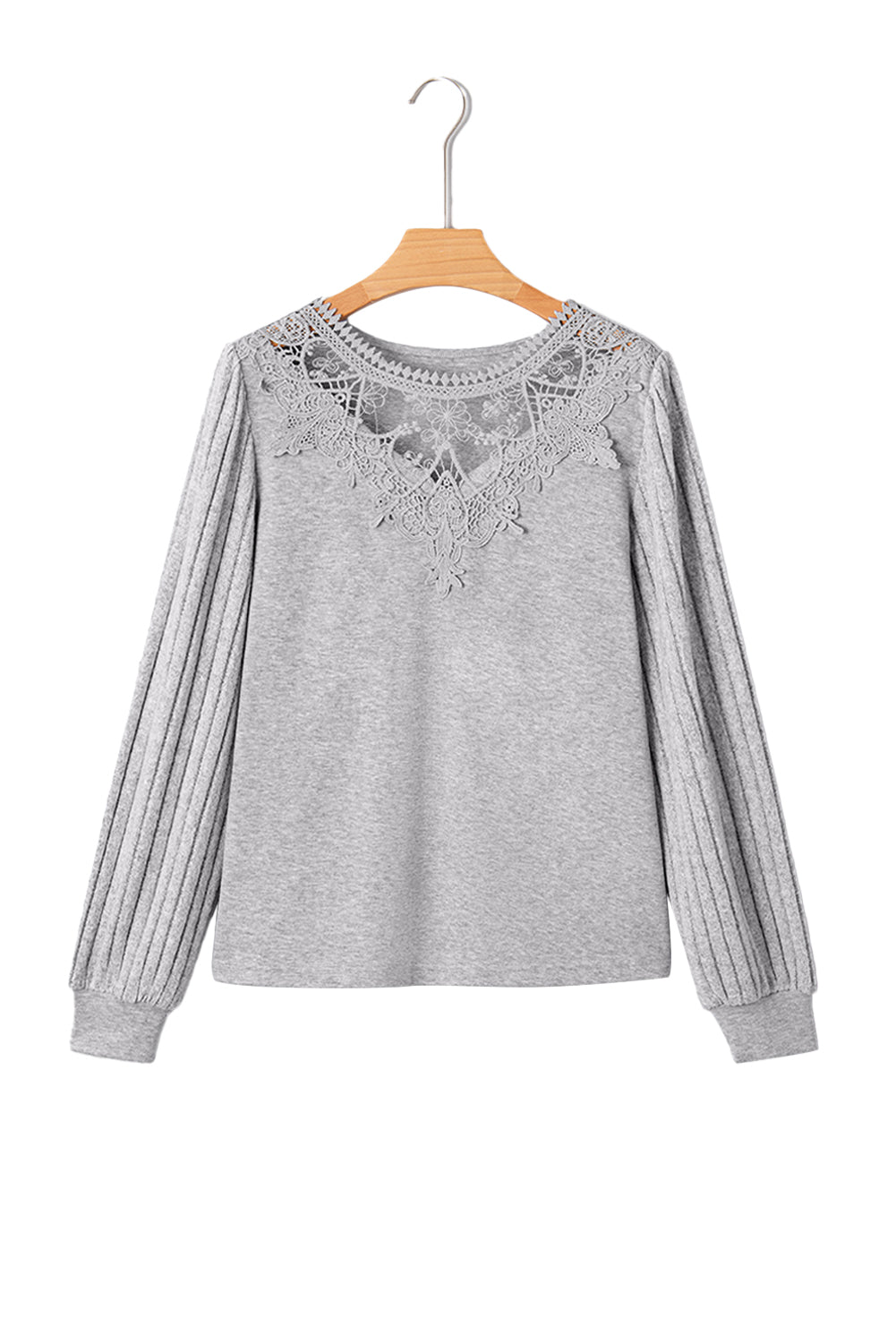 Gray Solid Lace Applique Round Neck Long Sleeve Top - MAD RUFFI