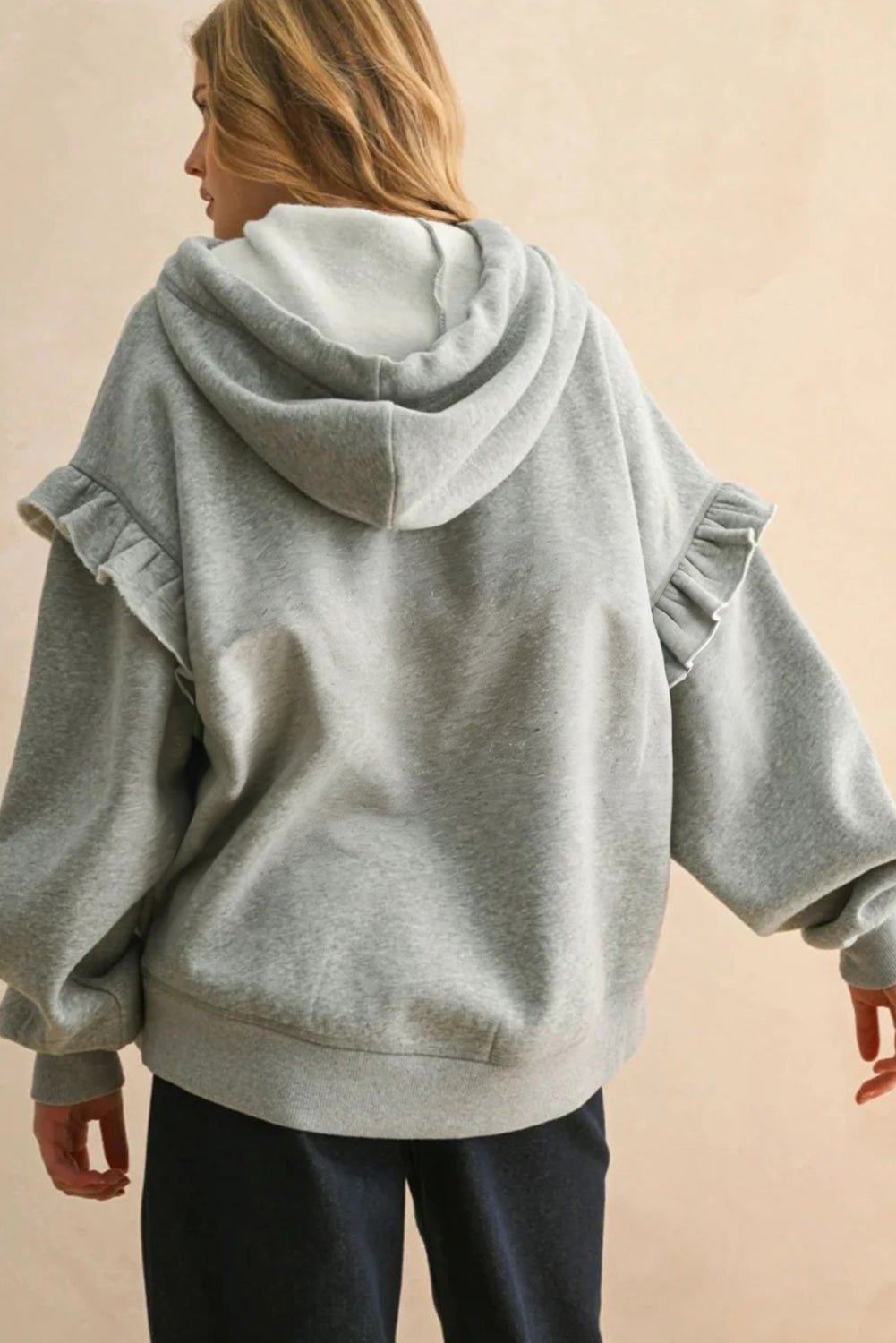 Gray Solid Ruffle Pocket Drawstring Long Sleeve Hoodie - MAD RUFFI
