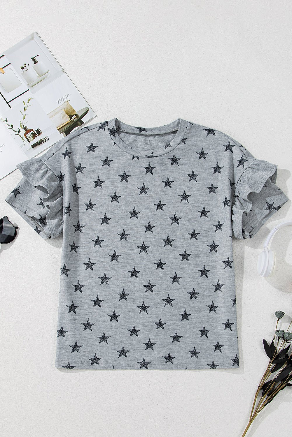 gray star print tiered ruffle sleeve crew neck t shirt - MAD RUFFI