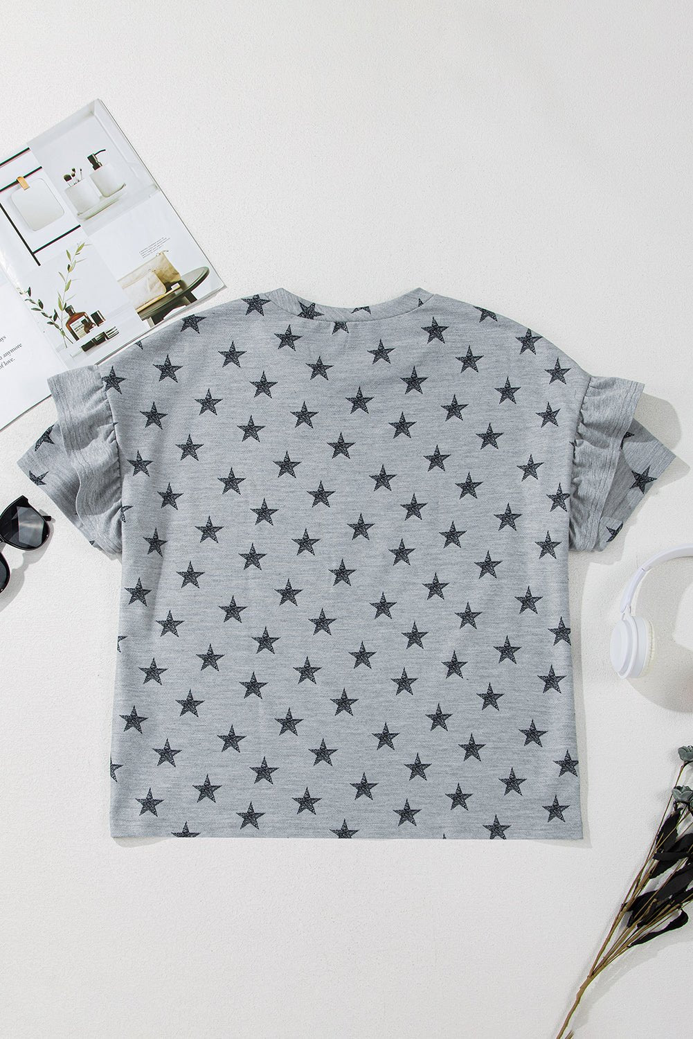 gray star print tiered ruffle sleeve crew neck t shirt - MAD RUFFI