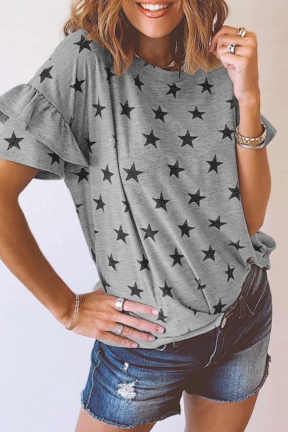 gray star print tiered ruffle sleeve crew neck t shirt - MAD RUFFI