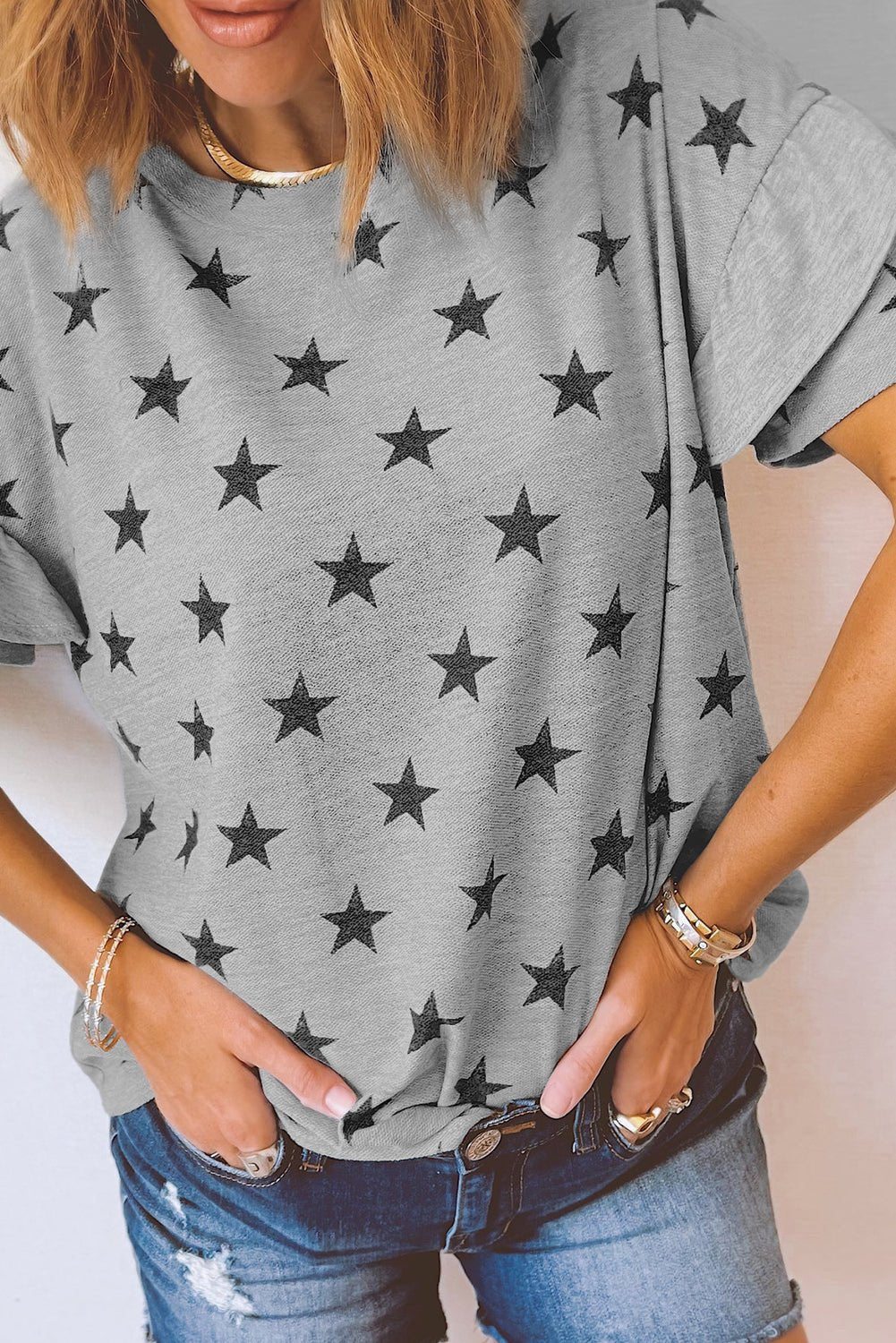 gray star print tiered ruffle sleeve crew neck t shirt - MAD RUFFI
