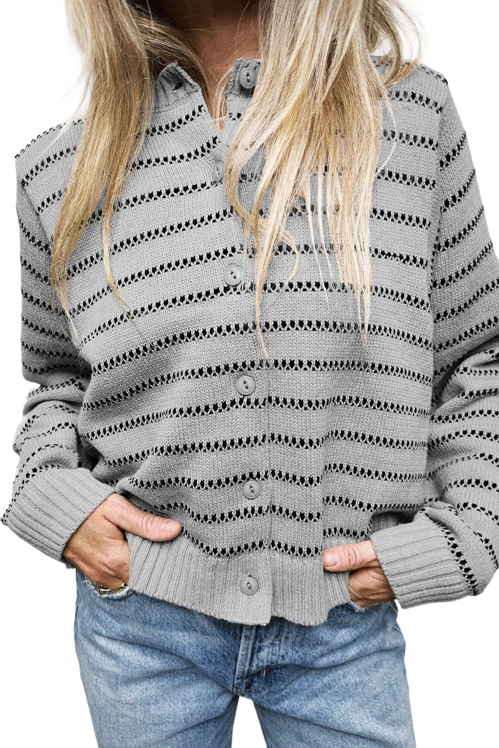 Gray Stripe Button Front Ribbed Trim Short Cardigan - MAD RUFFI