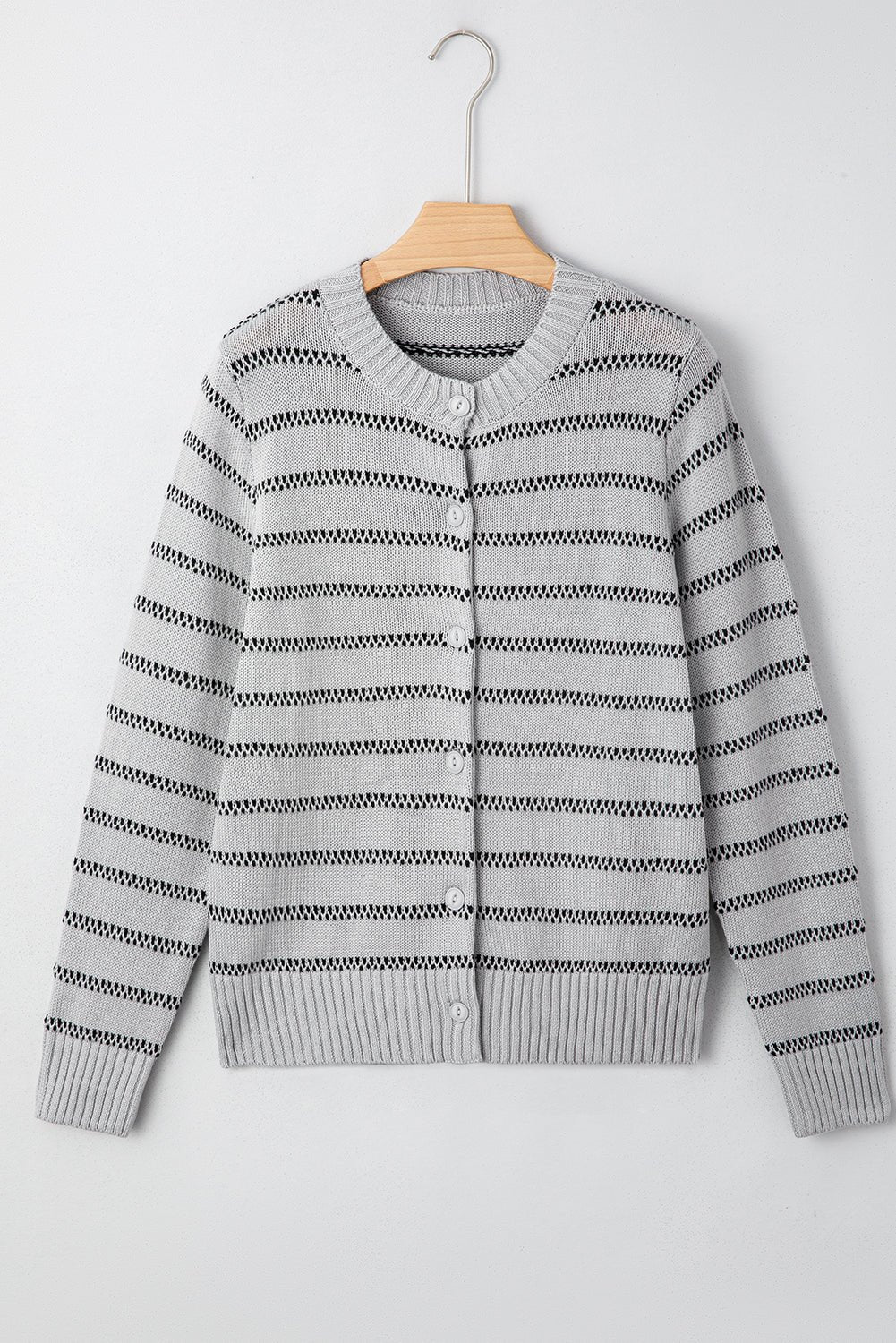 Gray Stripe Button Front Ribbed Trim Short Cardigan - MAD RUFFI