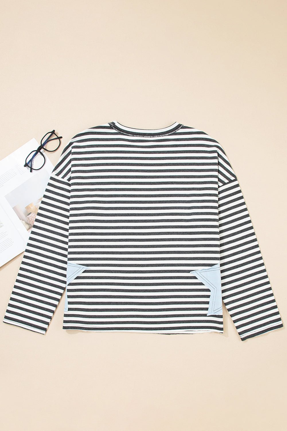 Gray Stripe Contrast Star Stitched Plus Size Long Sleeve Top - MAD RUFFI