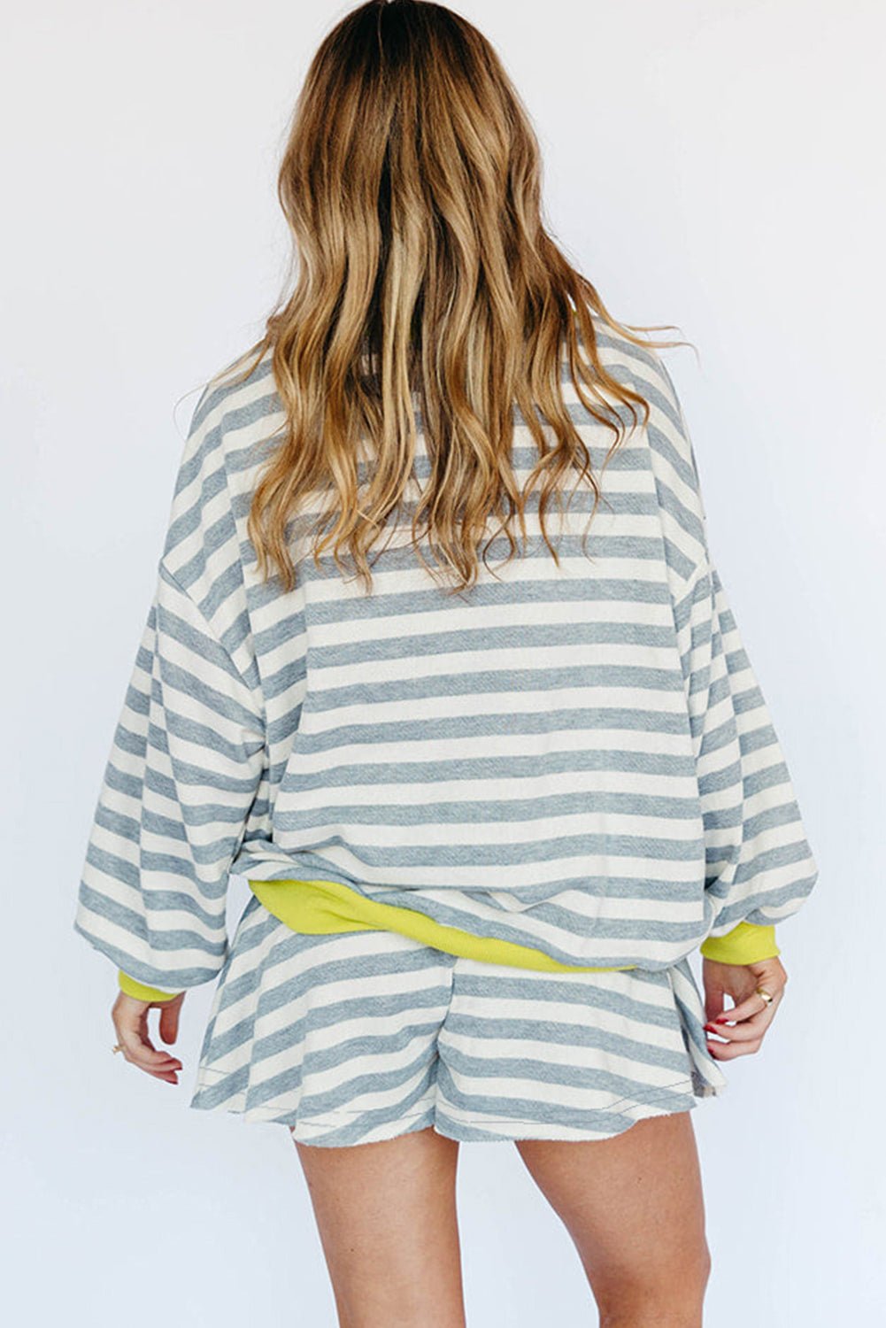 Gray Stripe Contrast Trim Long Sleeve Top and Shorts Set - MAD RUFFI