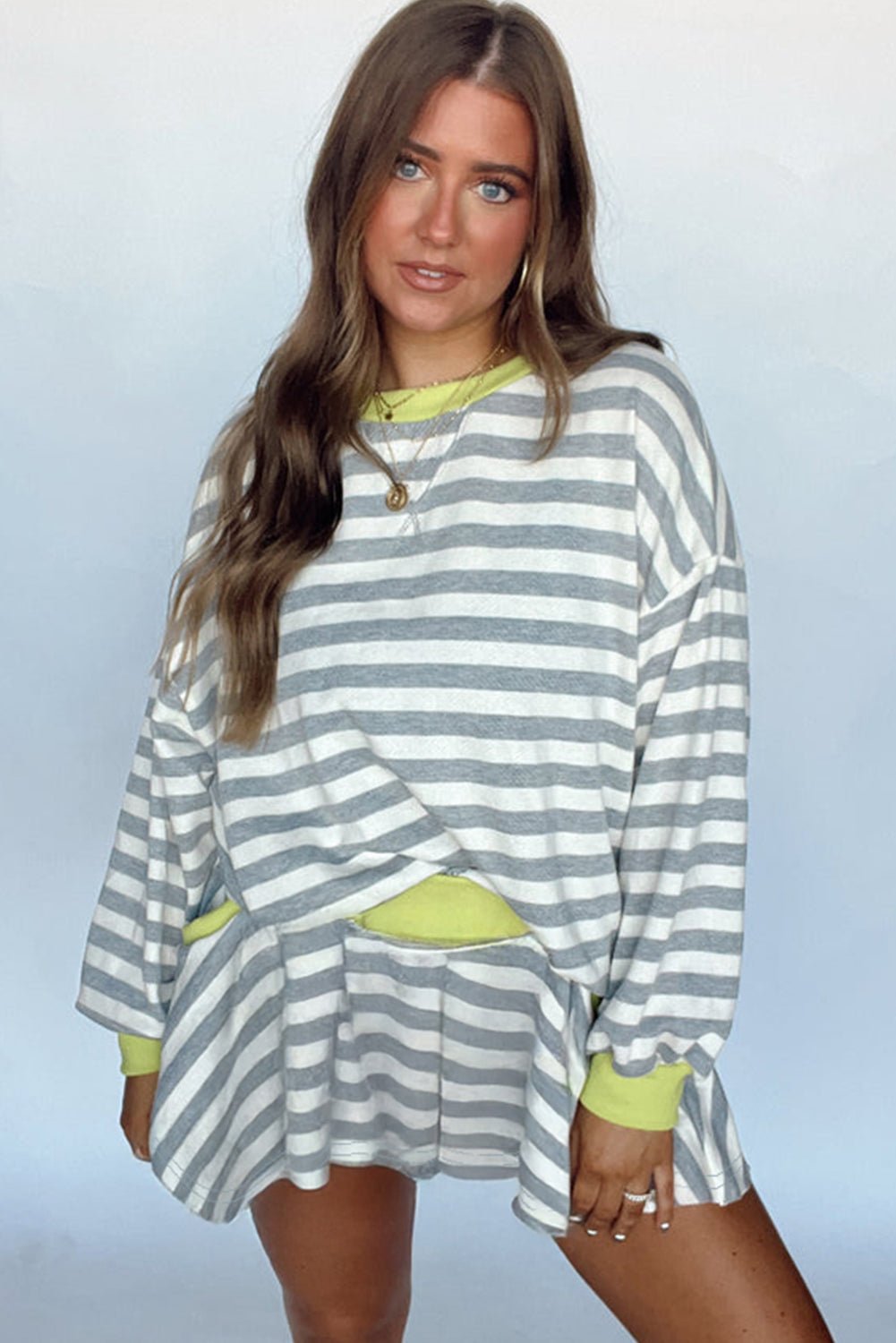 Gray Stripe Contrast Trim Long Sleeve Top and Shorts Set - MAD RUFFI