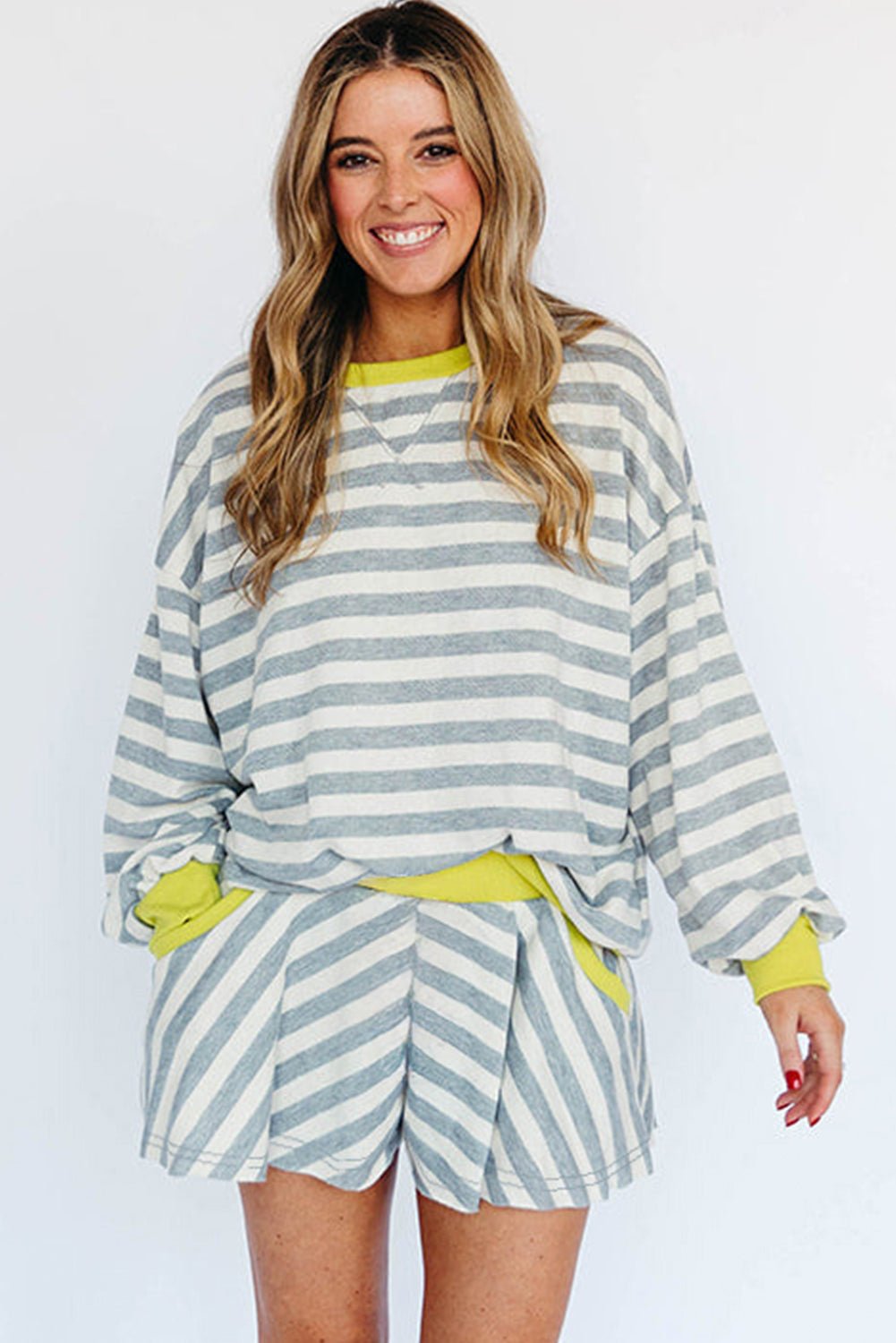 Gray Stripe Contrast Trim Long Sleeve Top and Shorts Set - MAD RUFFI
