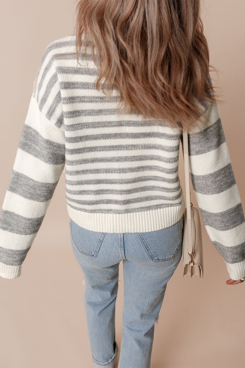 Gray Stripe Drop Shoulder Crew Neck Sweater - MAD RUFFI