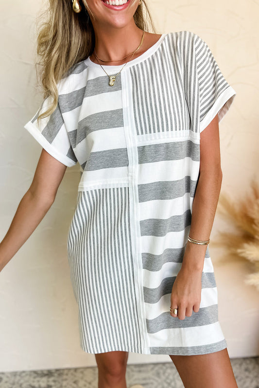 Gray Stripe Mixed Printed Short Sleeve Shift Mini T Shirt Dress - Gray Stripe / S - Short Dresses